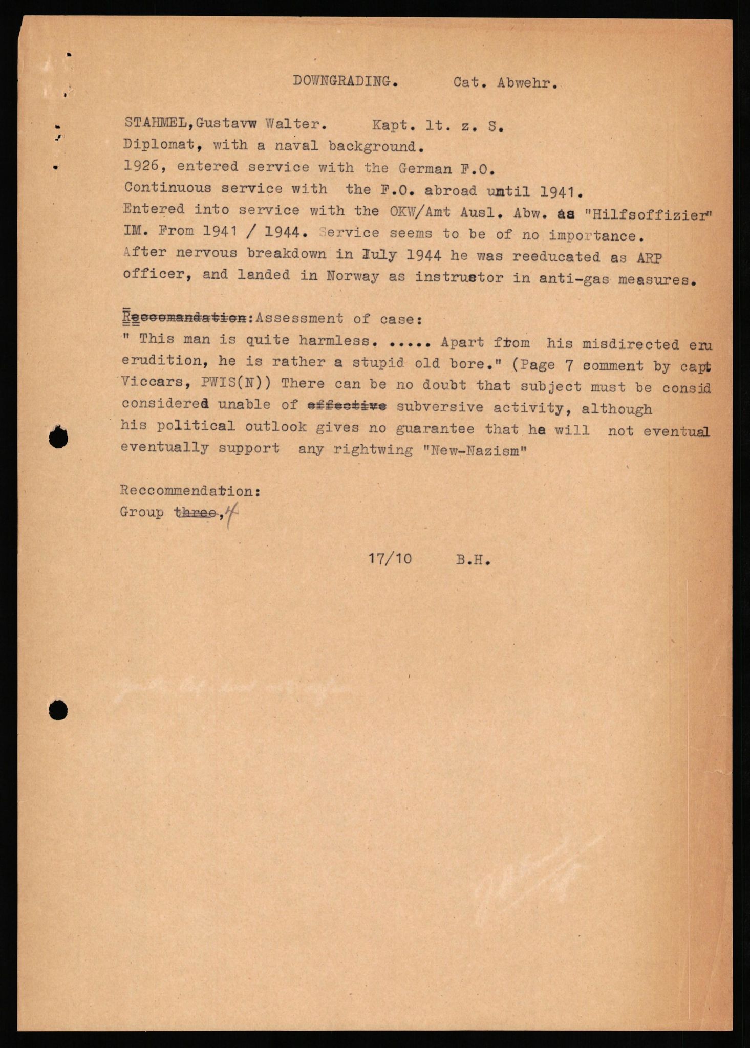 Forsvaret, Forsvarets overkommando II, RA/RAFA-3915/D/Db/L0033: CI Questionaires. Tyske okkupasjonsstyrker i Norge. Tyskere., 1945-1946, p. 53