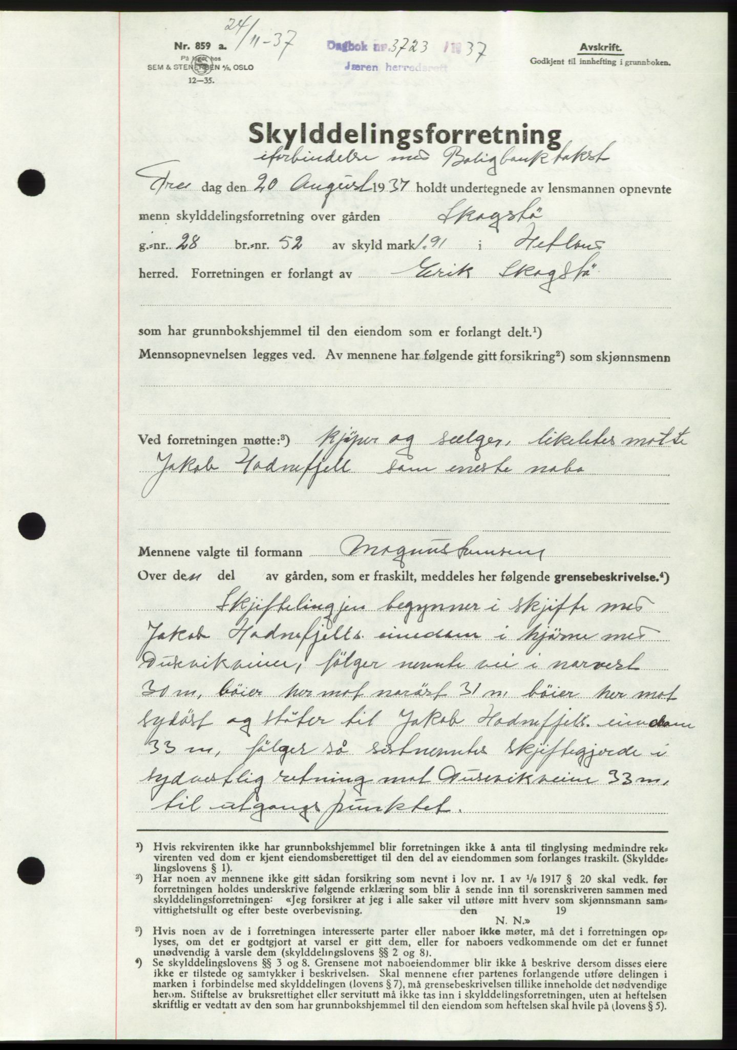 Jæren sorenskriveri, SAST/A-100310/03/G/Gba/L0069: Mortgage book, 1937-1937, Diary no: : 3723/1937