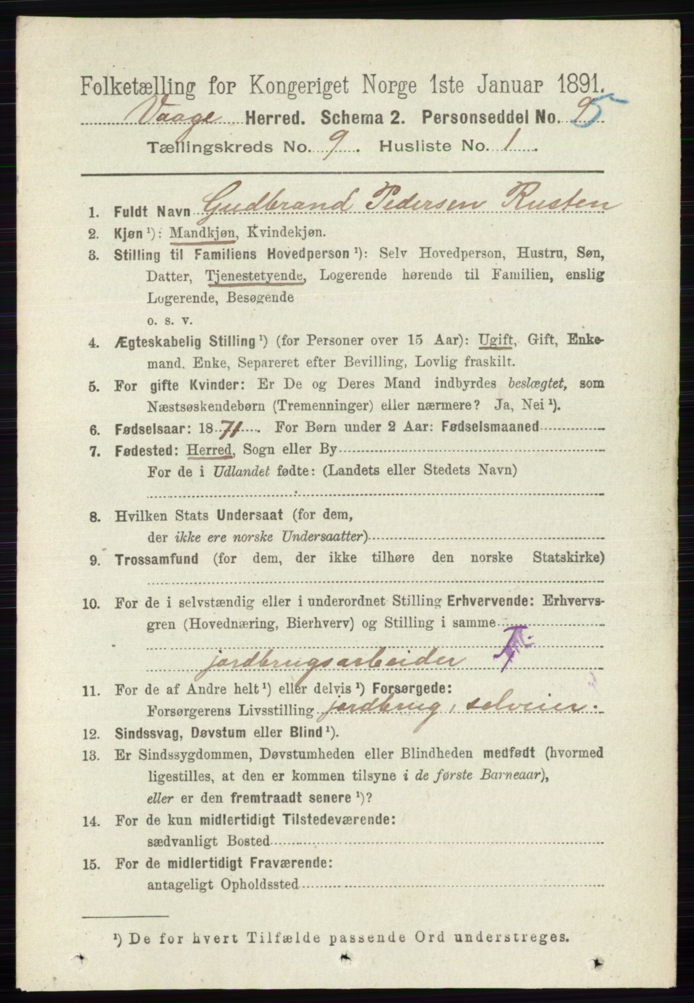 RA, 1891 census for 0515 Vågå, 1891, p. 5487