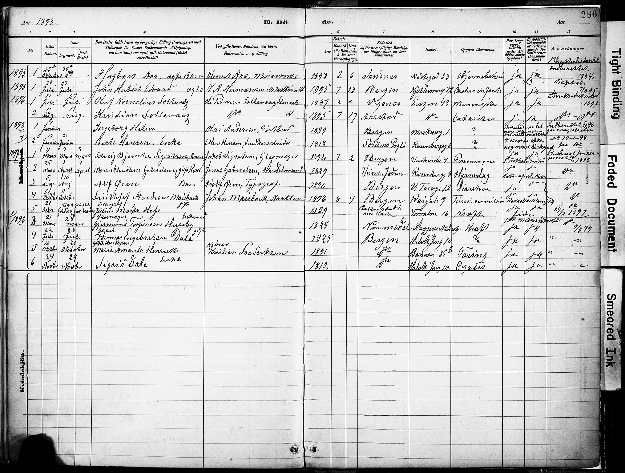 Domkirken sokneprestembete, SAB/A-74801/H/Haa/L0043: Parish register (official) no. E 5, 1882-1904, p. 286