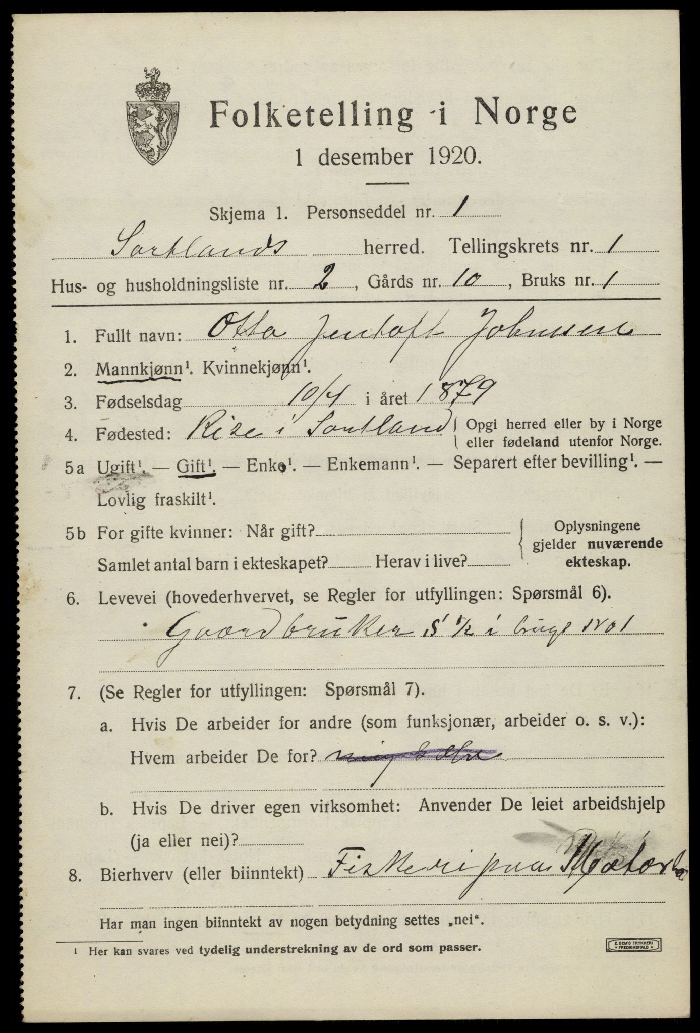 SAT, 1920 census for Sortland, 1920, p. 1570