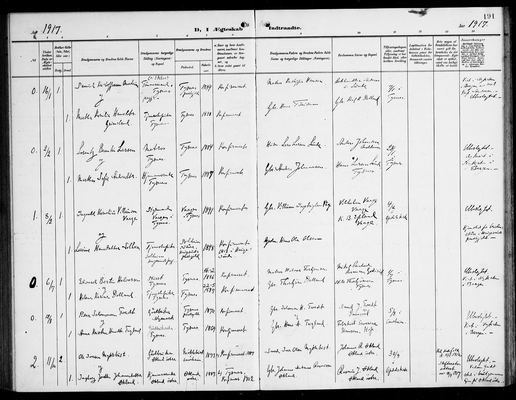 Tysnes sokneprestembete, SAB/A-78601/H/Haa: Parish register (official) no. B 2, 1907-1925, p. 191