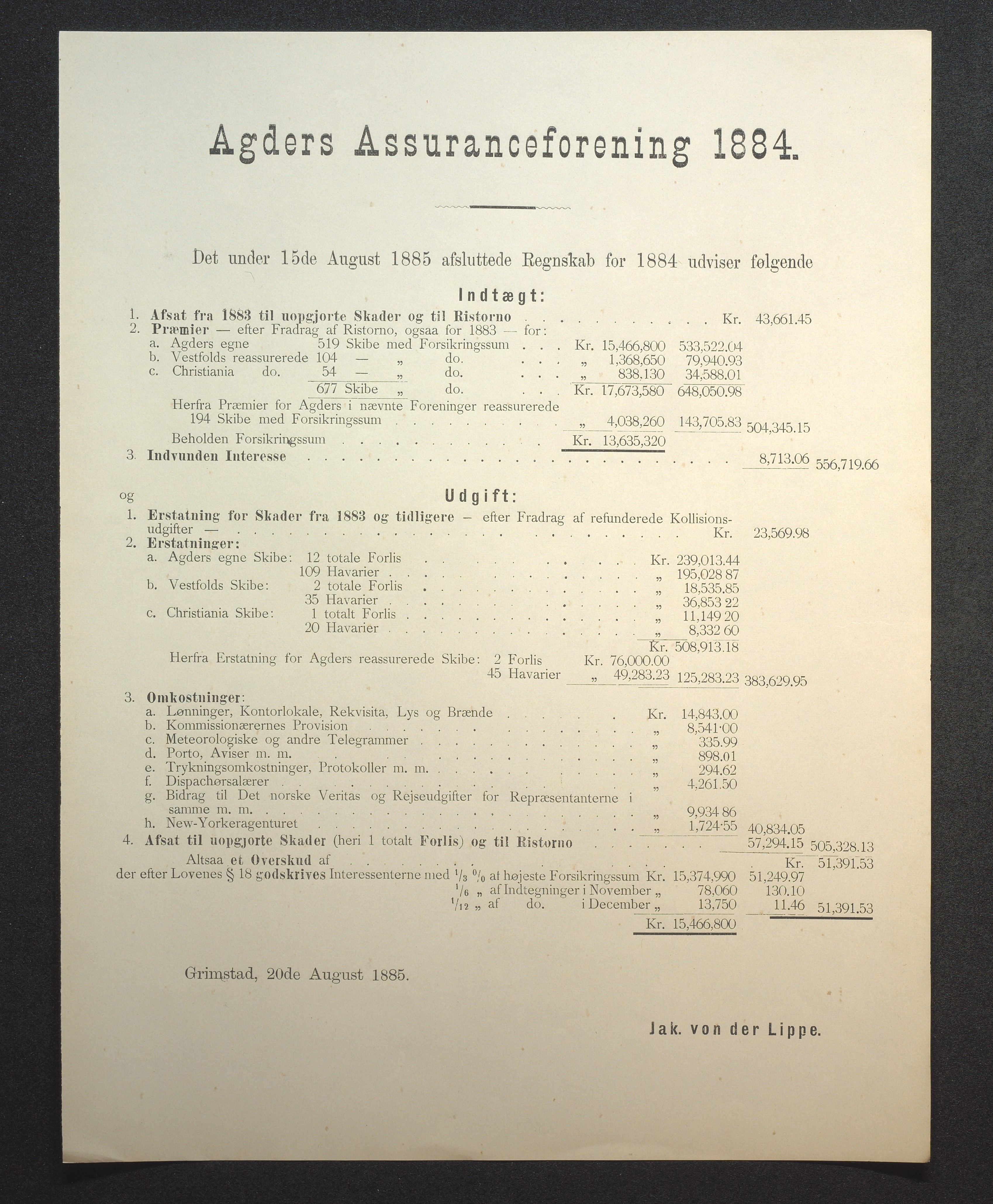 Agders Gjensidige Assuranceforening, AAKS/PA-1718/05/L0002: Regnskap, seilavdeling, pakkesak, 1881-1889