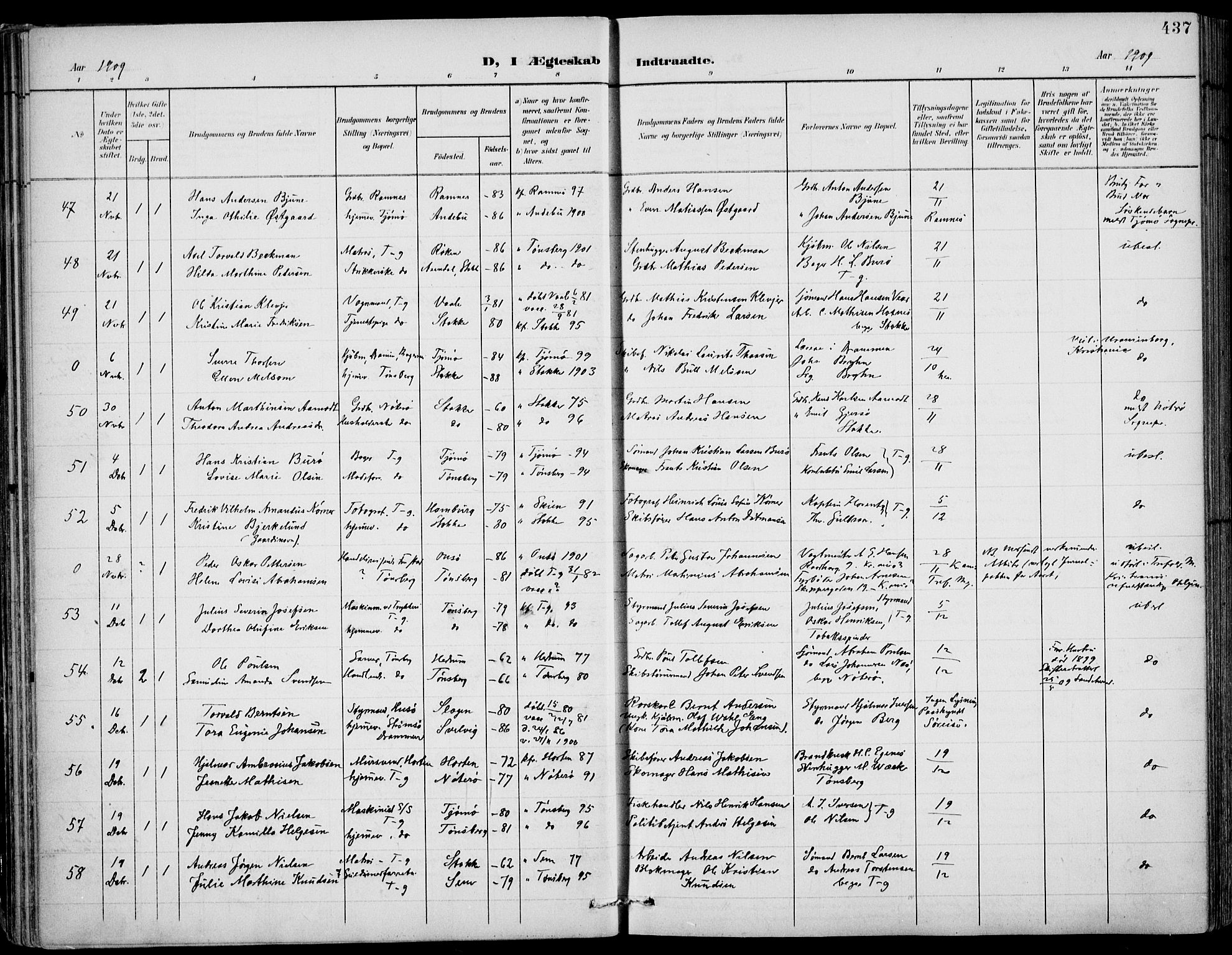 Tønsberg kirkebøker, AV/SAKO-A-330/F/Fa/L0013: Parish register (official) no. I 13, 1900-1913, p. 437