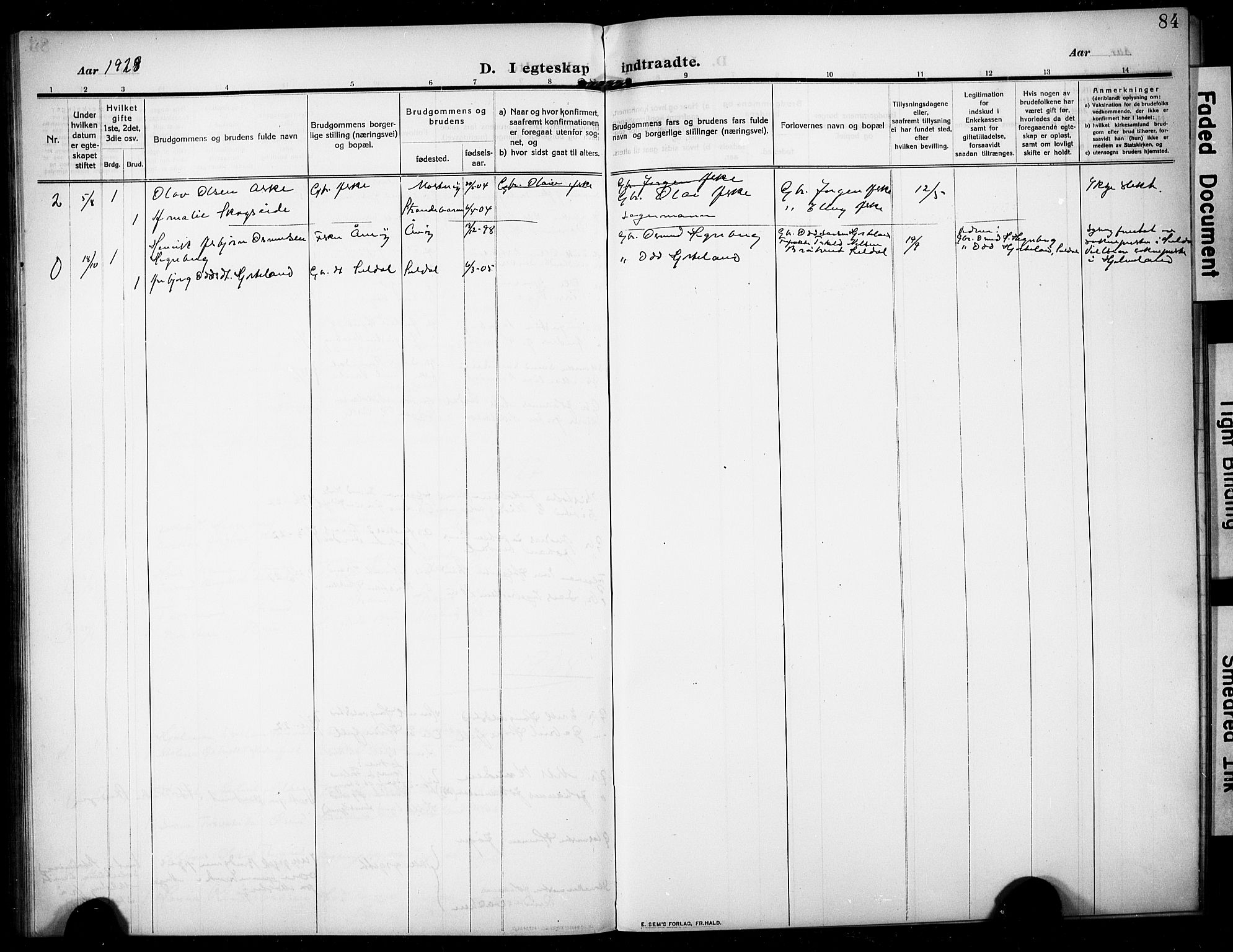 Rennesøy sokneprestkontor, SAST/A -101827/H/Ha/Hab/L0013: Parish register (copy) no. B 12, 1907-1928, p. 84