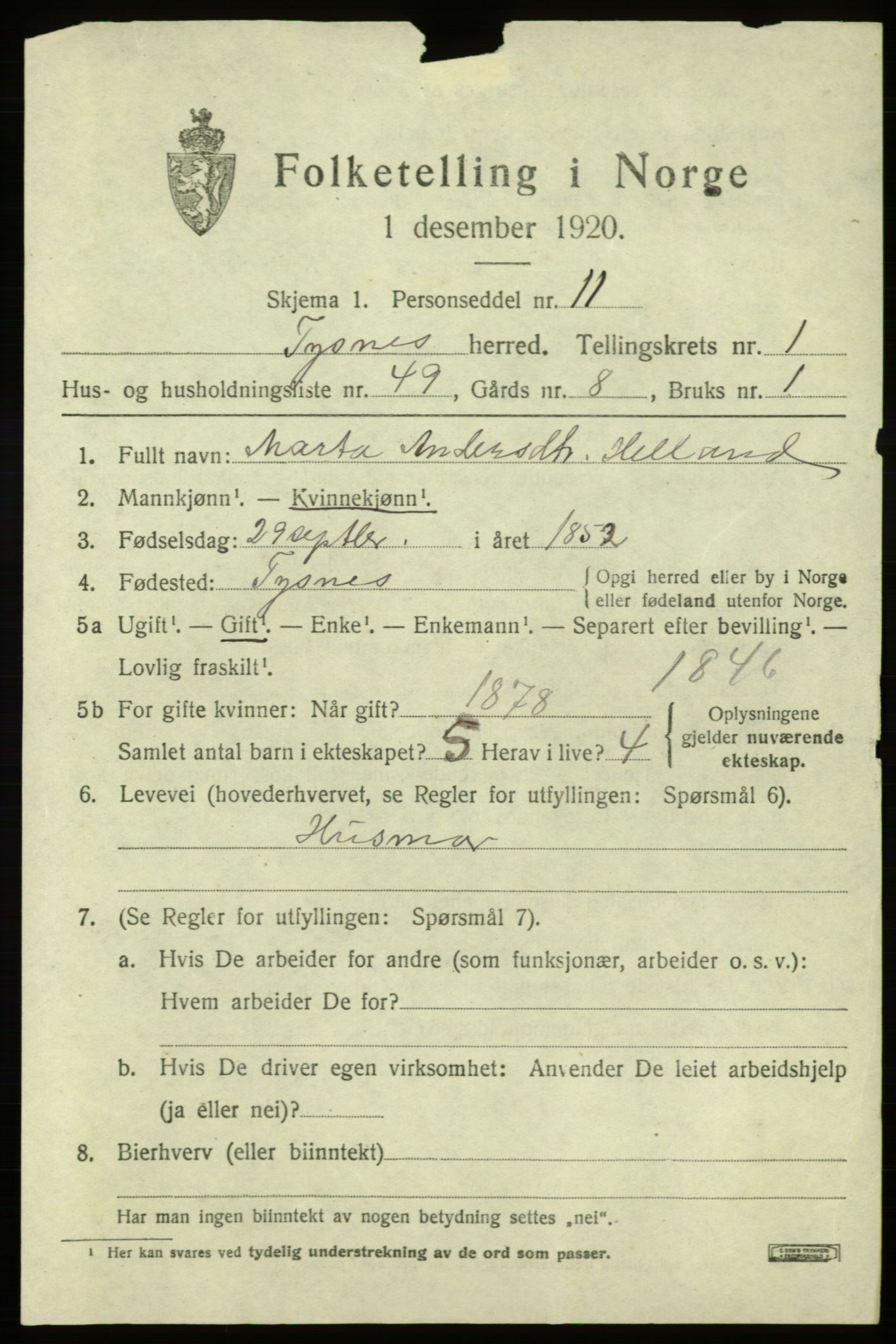 SAB, 1920 census for Tysnes, 1920, p. 2266