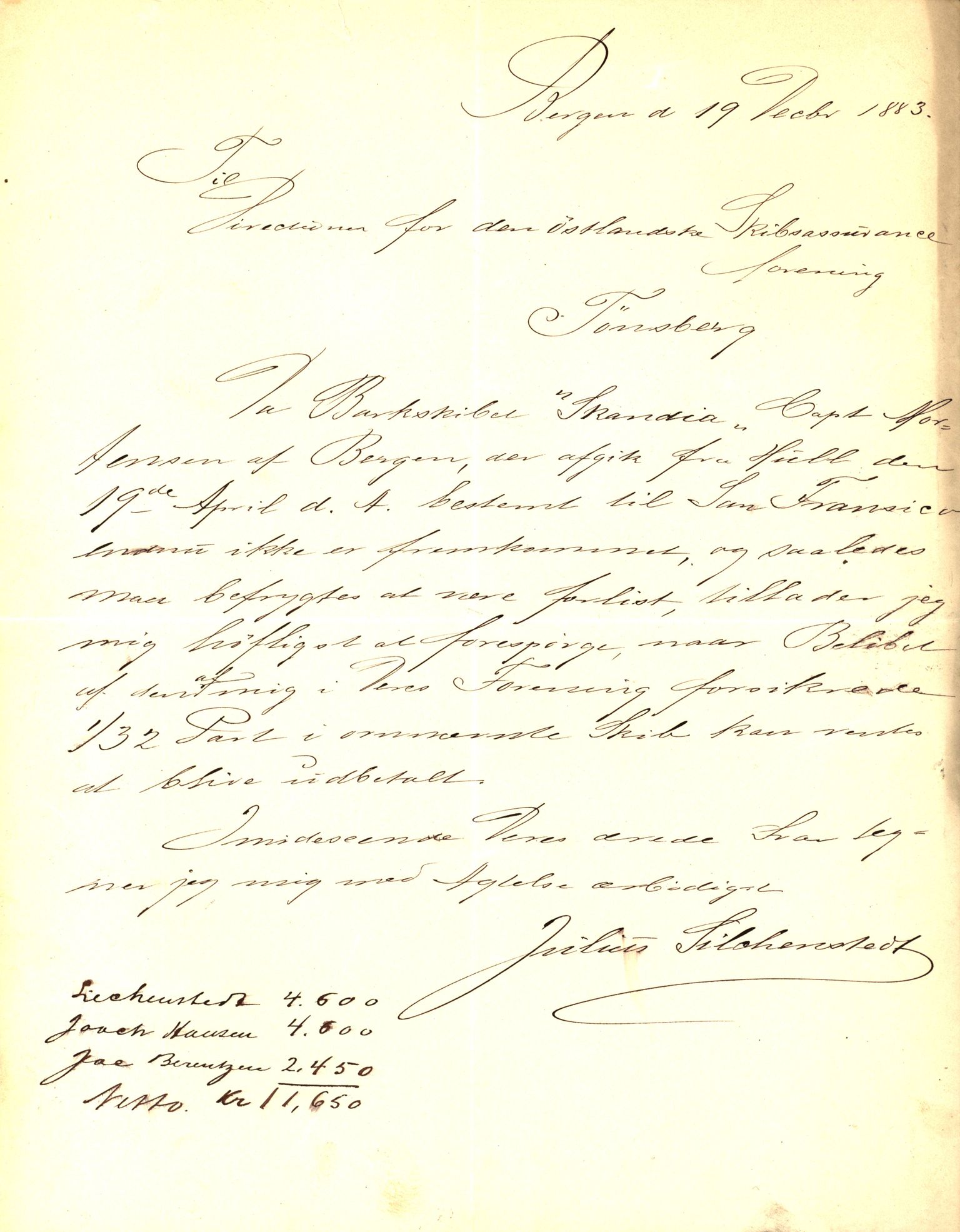 Pa 63 - Østlandske skibsassuranceforening, VEMU/A-1079/G/Ga/L0017/0005: Havaridokumenter / Signe, Hurra, Activ, Sjofna, Senior, Scandia, 1884, p. 87
