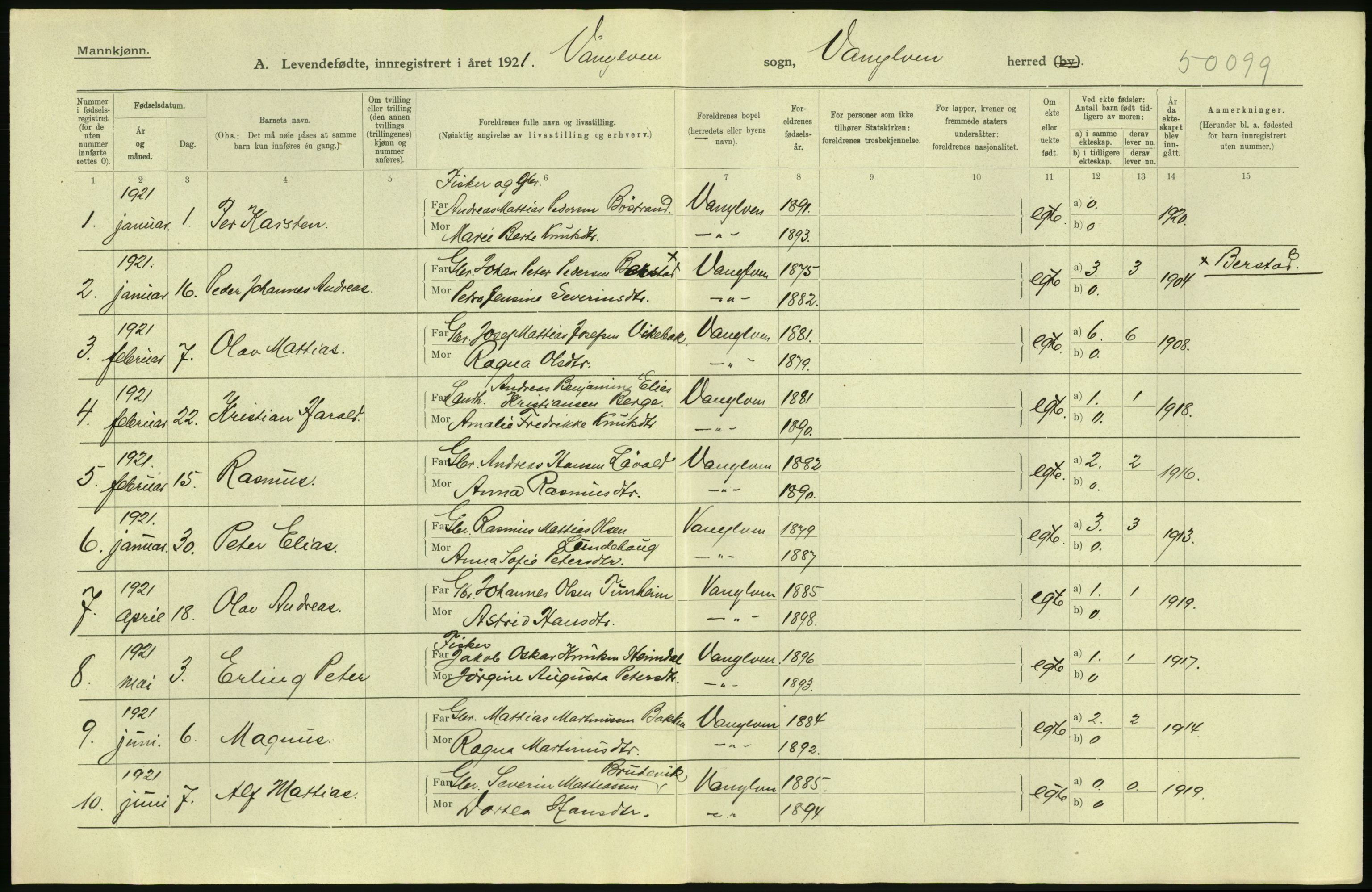 Statistisk sentralbyrå, Sosiodemografiske emner, Befolkning, AV/RA-S-2228/D/Df/Dfc/Dfca/L0040: Møre fylke: Levendefødte menn og kvinner. Bygder., 1921, p. 4