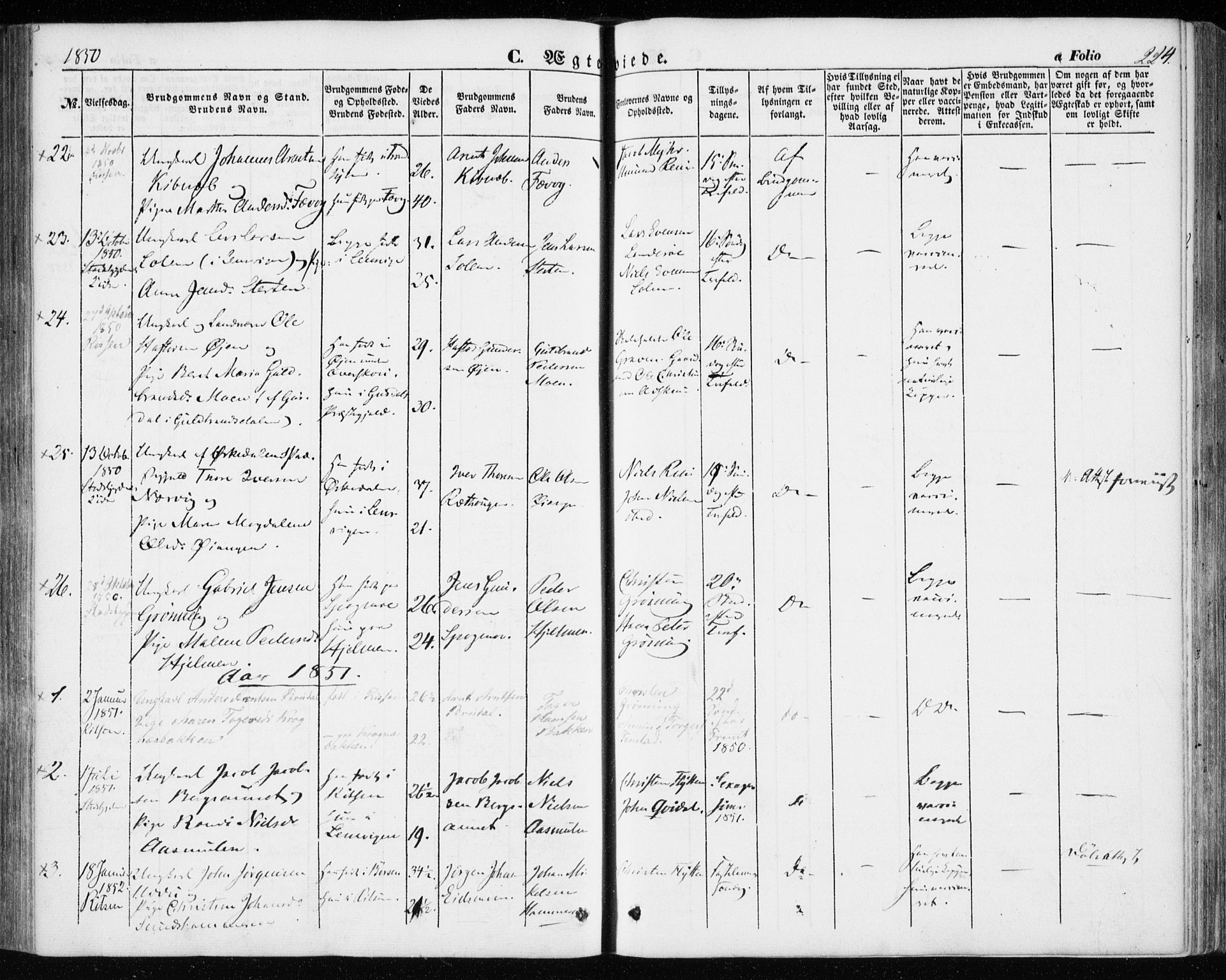 Ministerialprotokoller, klokkerbøker og fødselsregistre - Sør-Trøndelag, SAT/A-1456/646/L0611: Parish register (official) no. 646A09, 1848-1857, p. 224