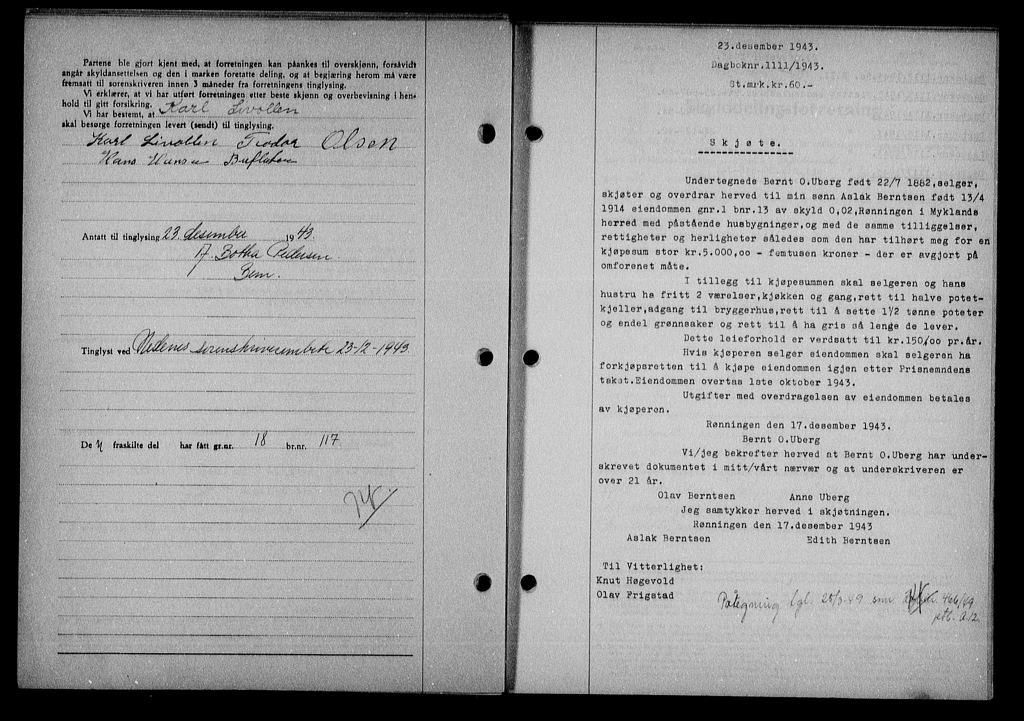 Nedenes sorenskriveri, SAK/1221-0006/G/Gb/Gba/L0051: Mortgage book no. A-V, 1943-1944, Diary no: : 1111/1943