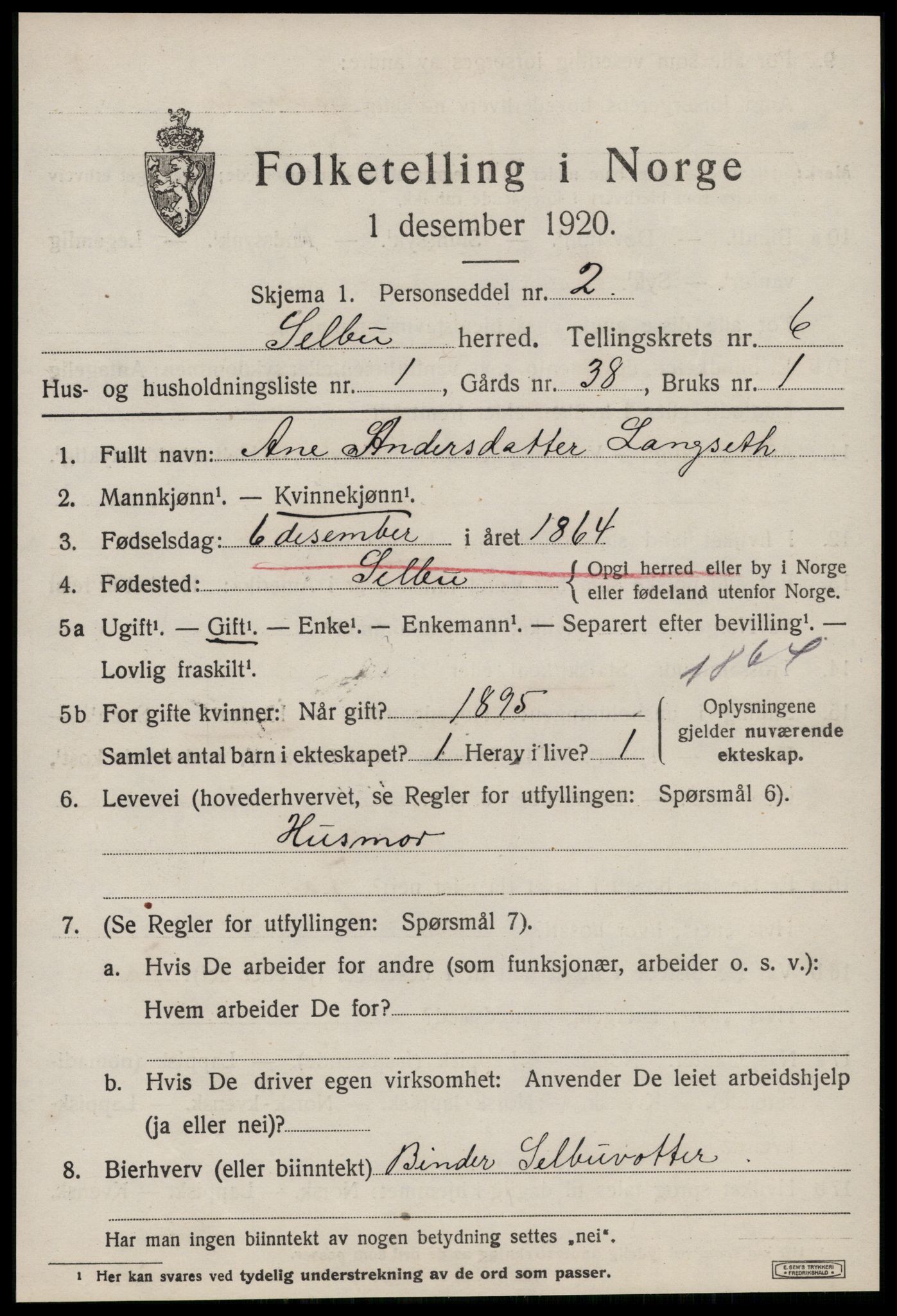 SAT, 1920 census for Selbu, 1920, p. 3484