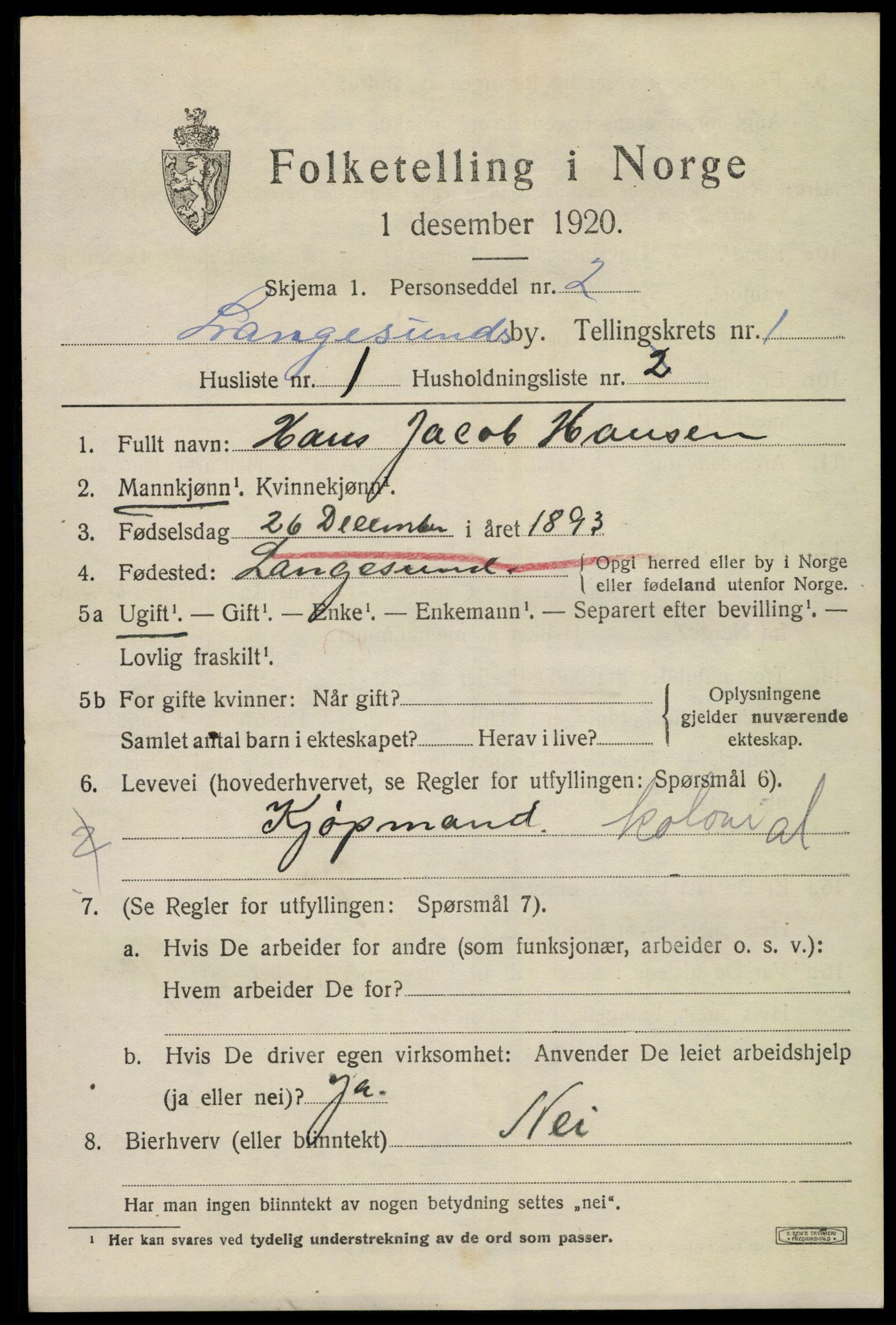 SAKO, 1920 census for Langesund, 1920, p. 1661