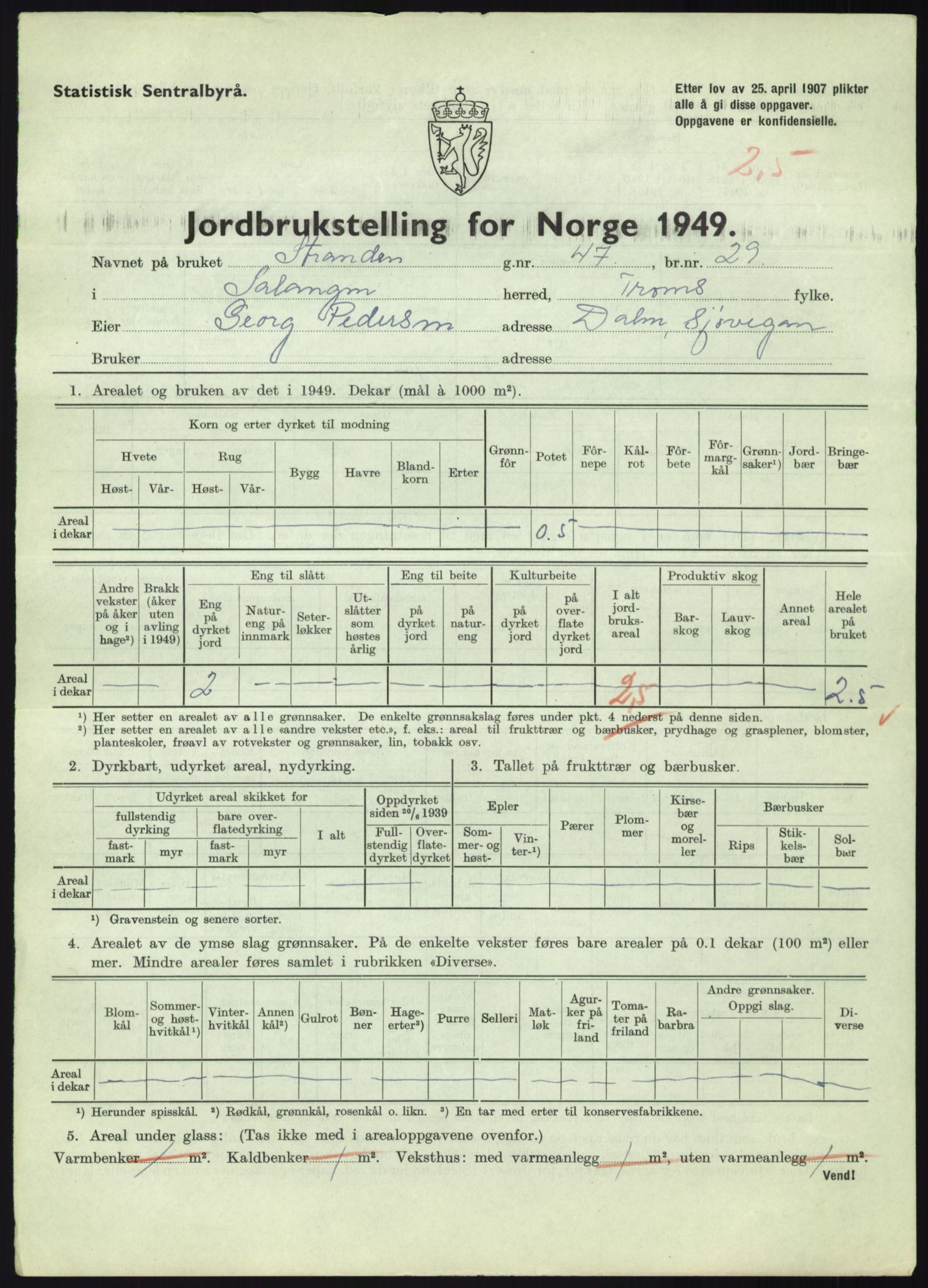 Statistisk sentralbyrå, Næringsøkonomiske emner, Jordbruk, skogbruk, jakt, fiske og fangst, AV/RA-S-2234/G/Gc/L0438: Troms: Salangen og Bardu, 1949, p. 157