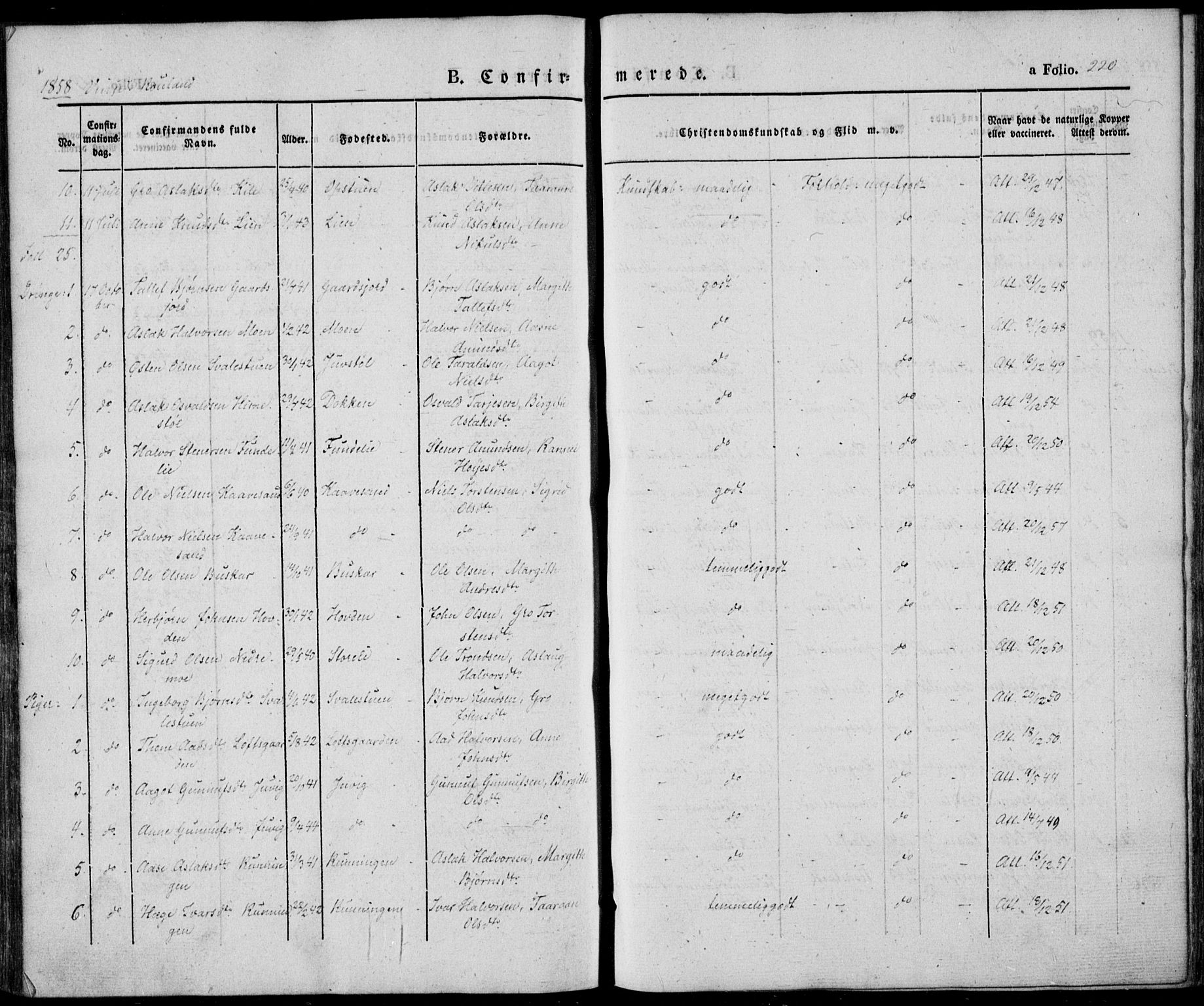 Vinje kirkebøker, SAKO/A-312/F/Fa/L0004: Parish register (official) no. I 4, 1843-1869, p. 220