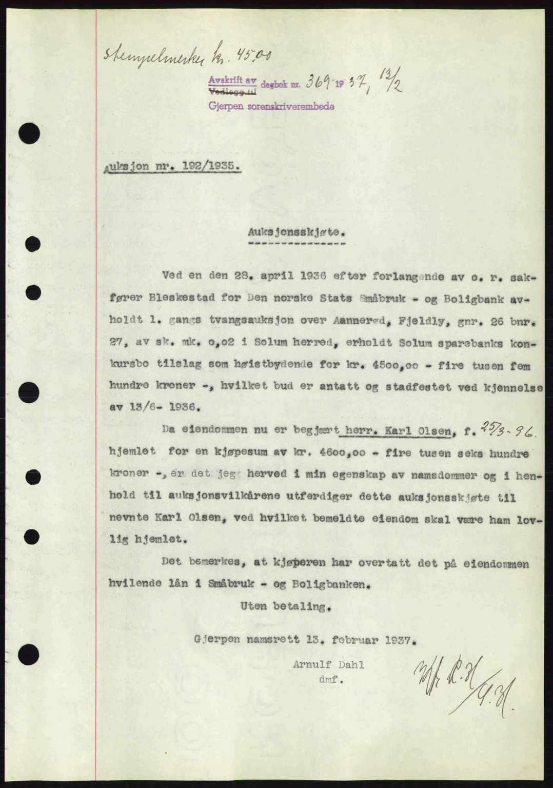 Gjerpen sorenskriveri, AV/SAKO-A-216/G/Ga/Gae/L0069: Mortgage book no. A-68 - A-70, 1937-1938, Diary no: : 369/1937