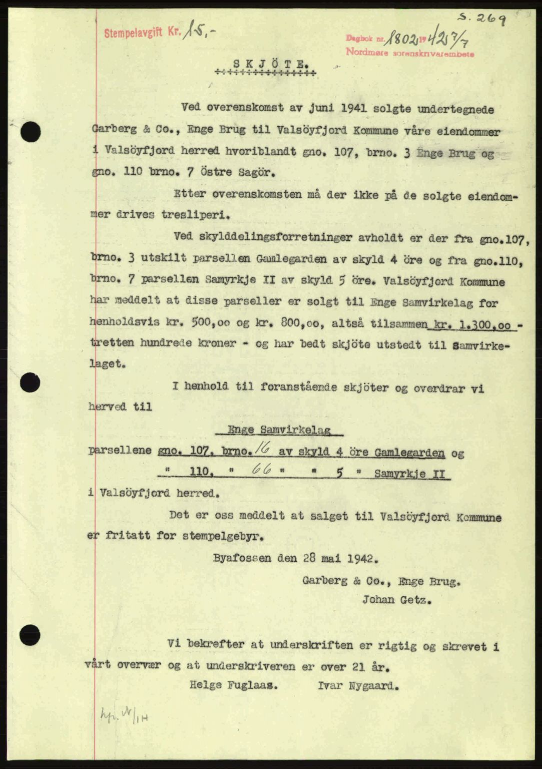 Nordmøre sorenskriveri, AV/SAT-A-4132/1/2/2Ca: Mortgage book no. A93, 1942-1942, Diary no: : 1802/1942