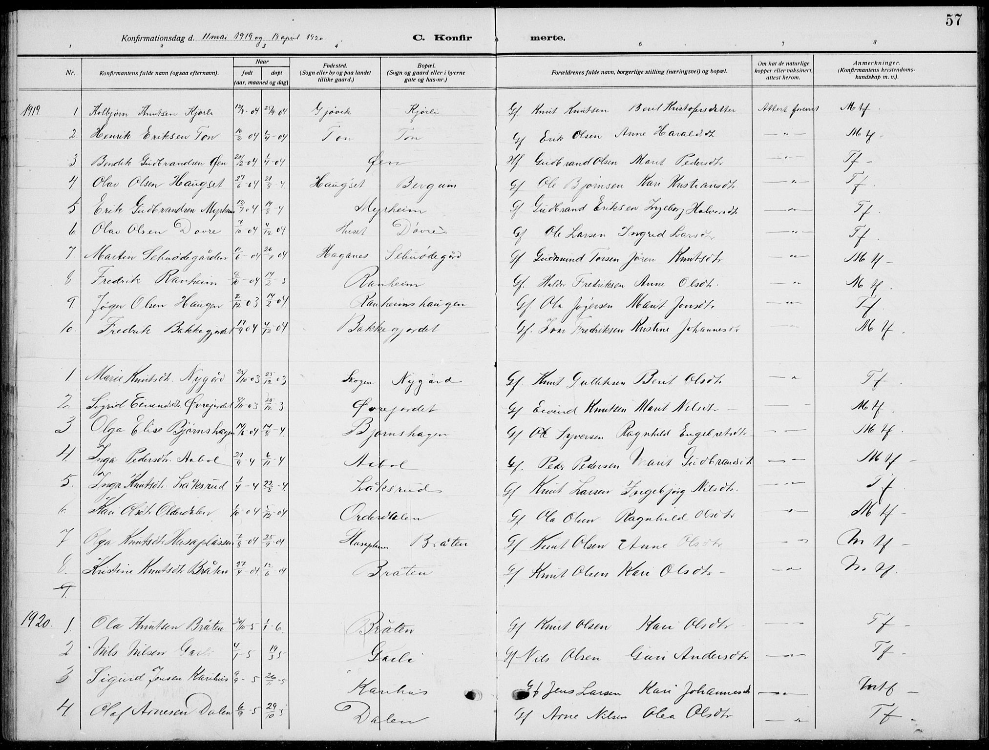 Nord-Aurdal prestekontor, SAH/PREST-132/H/Ha/Hab/L0015: Parish register (copy) no. 15, 1918-1935, p. 57