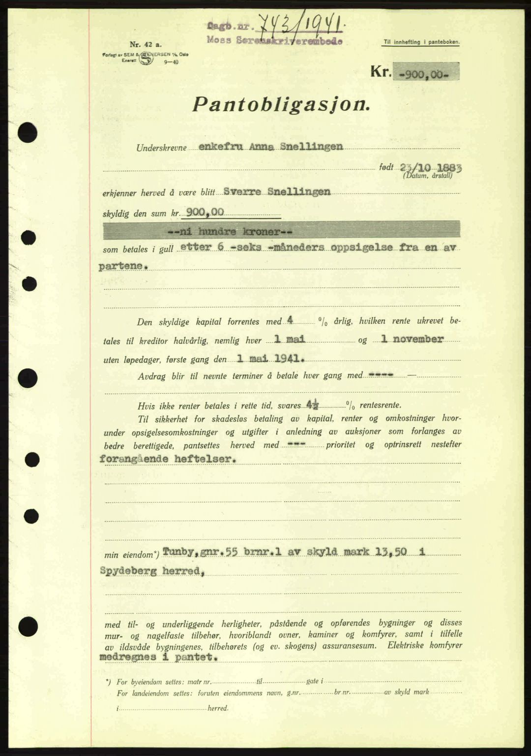 Moss sorenskriveri, SAO/A-10168: Mortgage book no. B10, 1940-1941, Diary no: : 743/1941