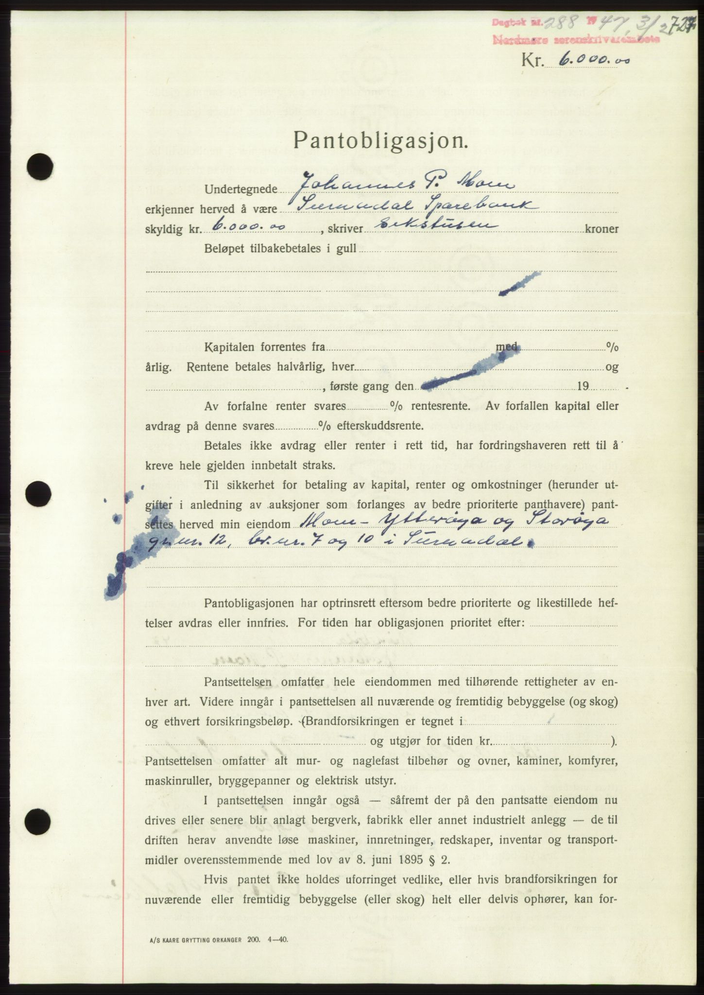 Nordmøre sorenskriveri, AV/SAT-A-4132/1/2/2Ca: Mortgage book no. B95, 1946-1947, Diary no: : 288/1947