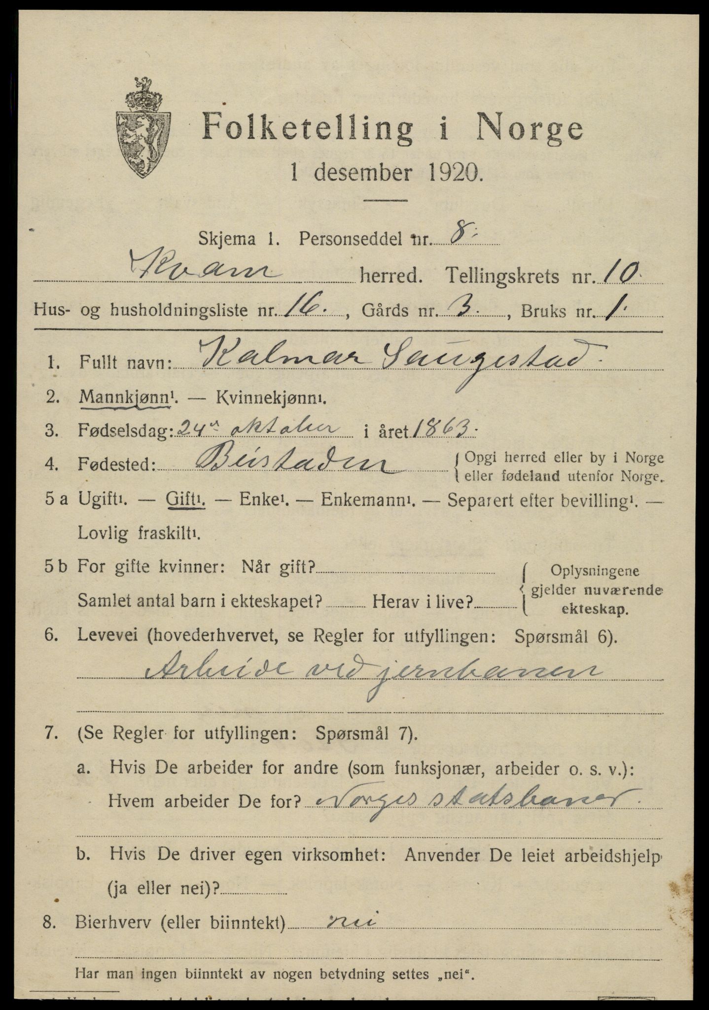 SAT, 1920 census for Kvam, 1920, p. 2707