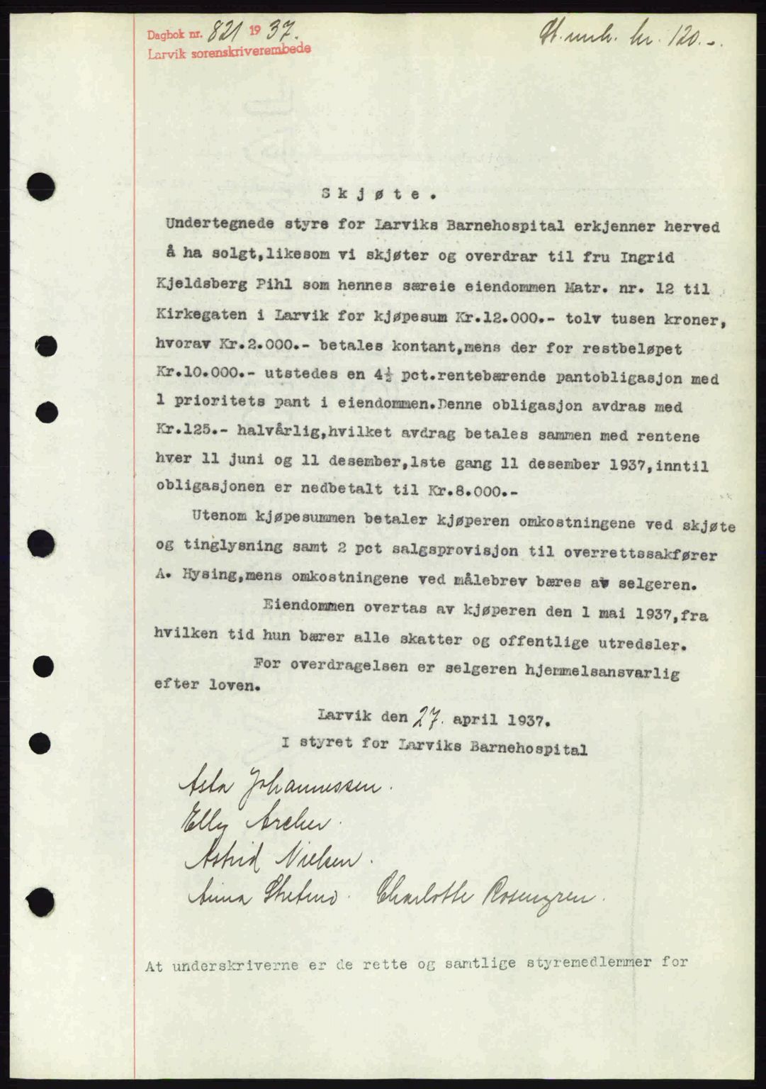 Larvik sorenskriveri, SAKO/A-83/G/Ga/Gab/L0067: Mortgage book no. A-1, 1936-1937, Diary no: : 821/1937