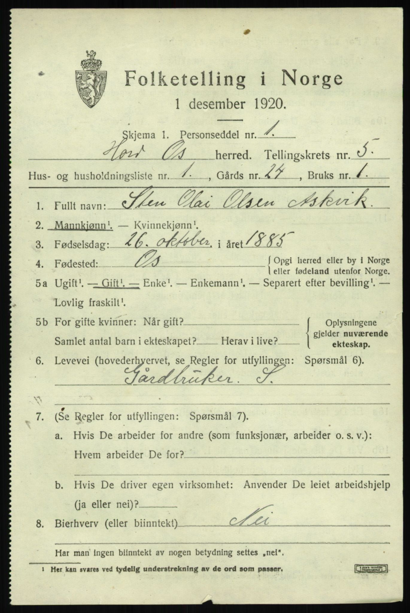 SAB, 1920 census for Os, 1920, p. 3670