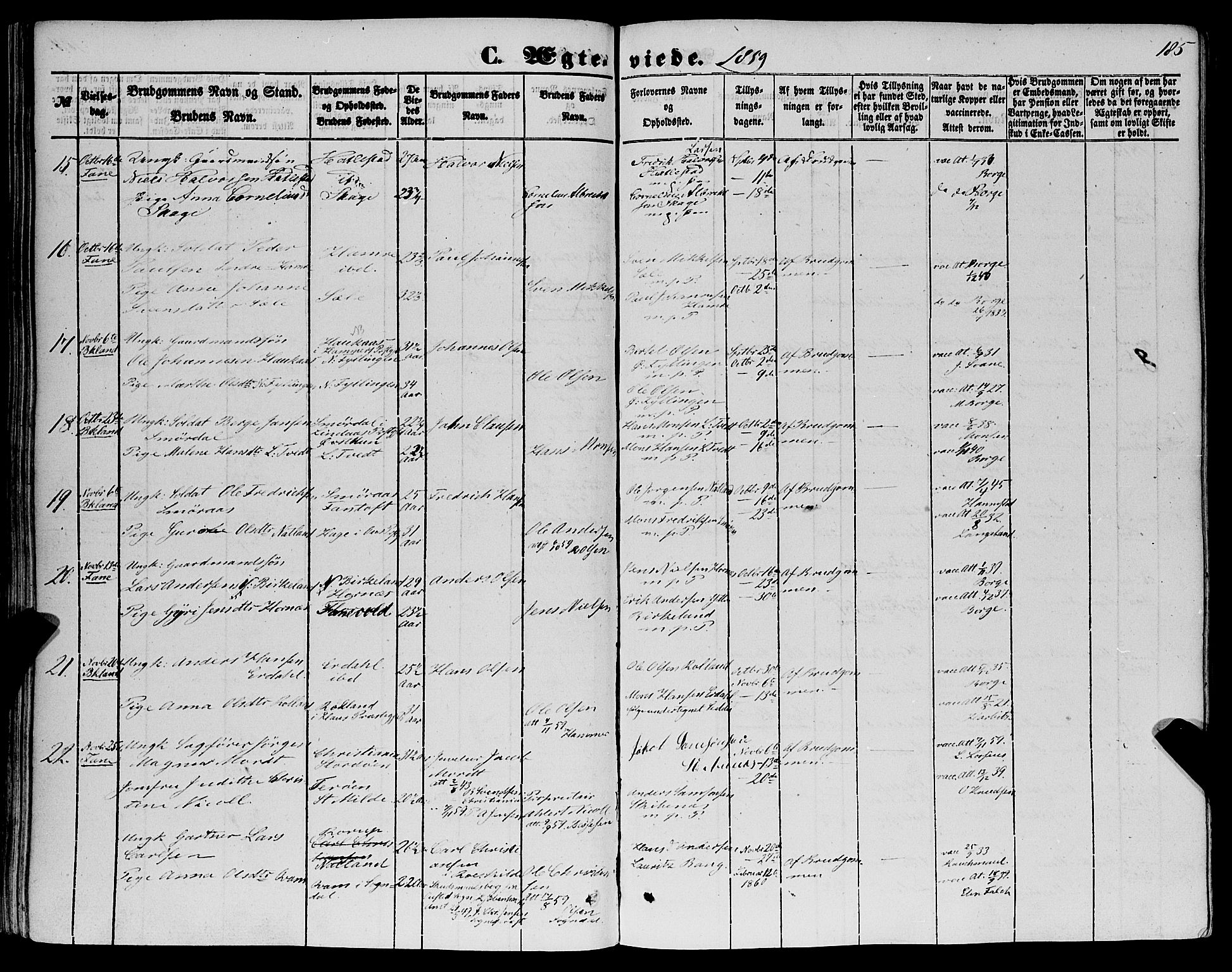 Fana Sokneprestembete, SAB/A-75101/H/Haa/Haaa/L0011: Parish register (official) no. A 11, 1851-1862, p. 185