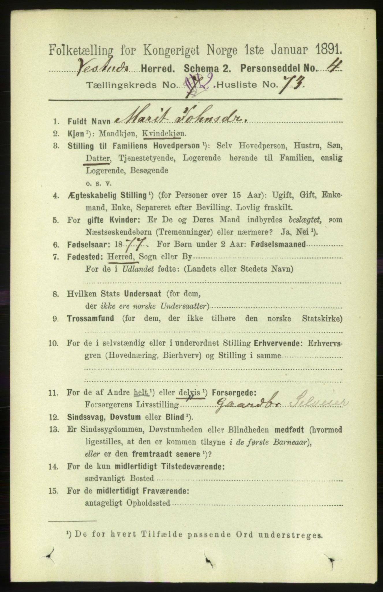 RA, 1891 census for 1535 Vestnes, 1891, p. 567