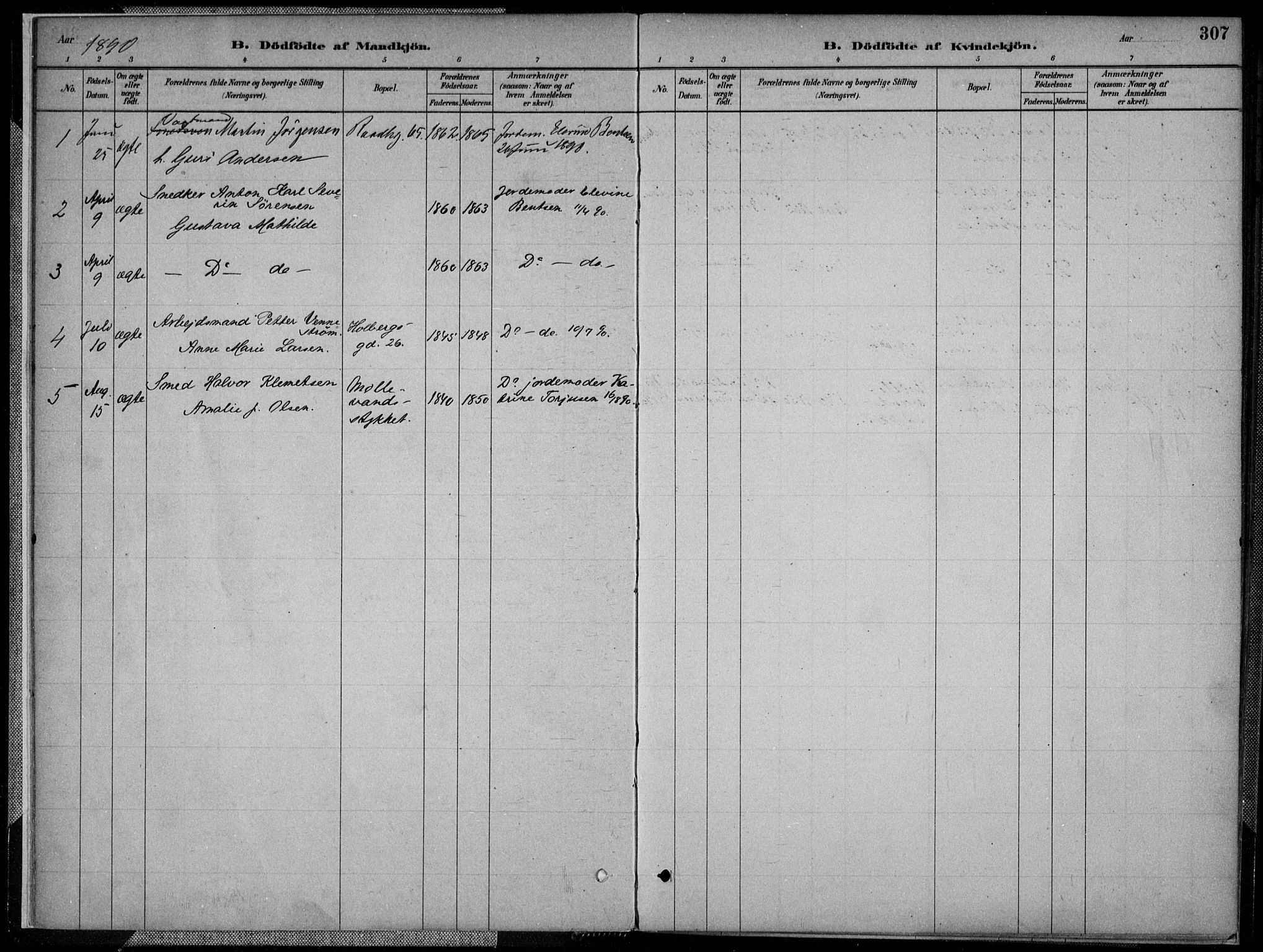 Kristiansand domprosti, AV/SAK-1112-0006/F/Fa/L0017: Parish register (official) no. A 16B, 1880-1890, p. 307