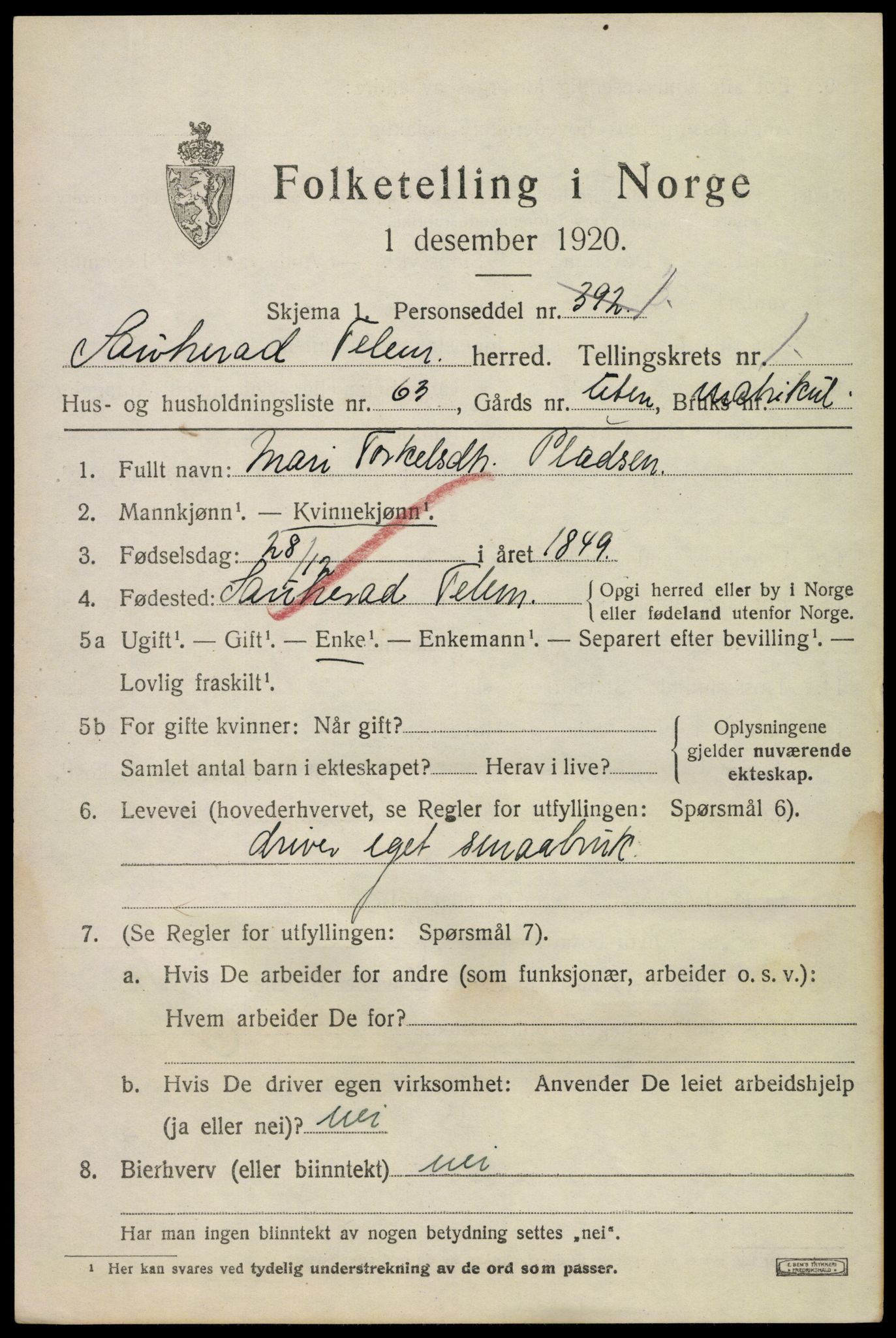 SAKO, 1920 census for Sauherad, 1920, p. 2305