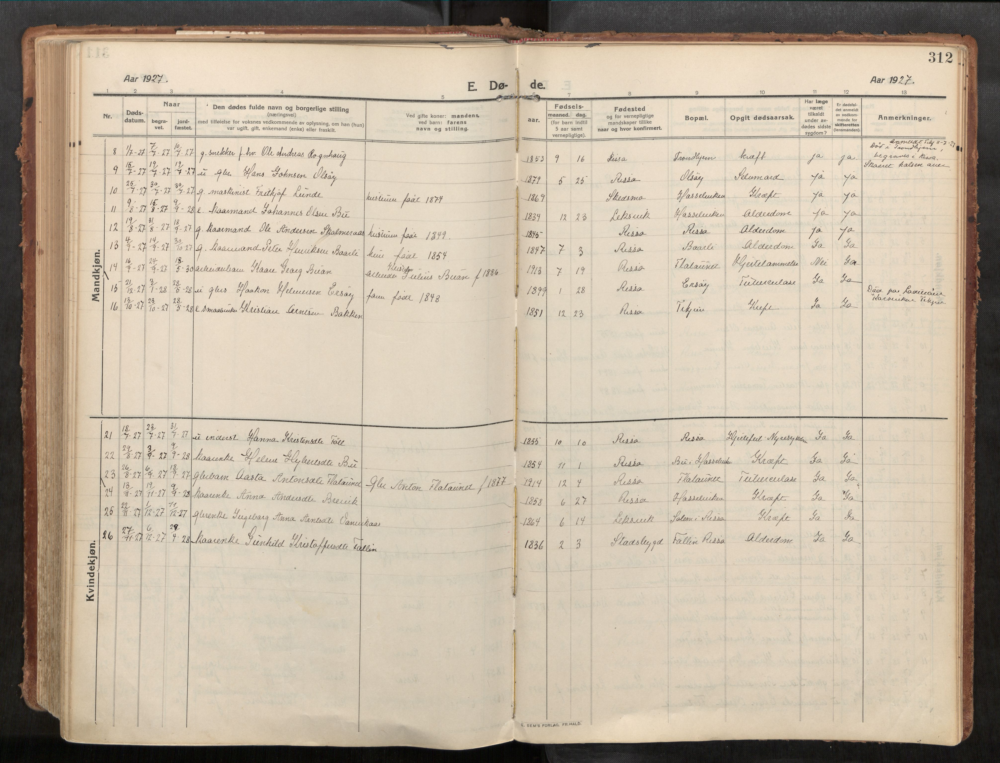 Stadsbygd sokneprestkontor, SAT/A-1117/1/I/I1/I1a/L0001: Parish register (official) no. 1, 1911-1929, p. 312