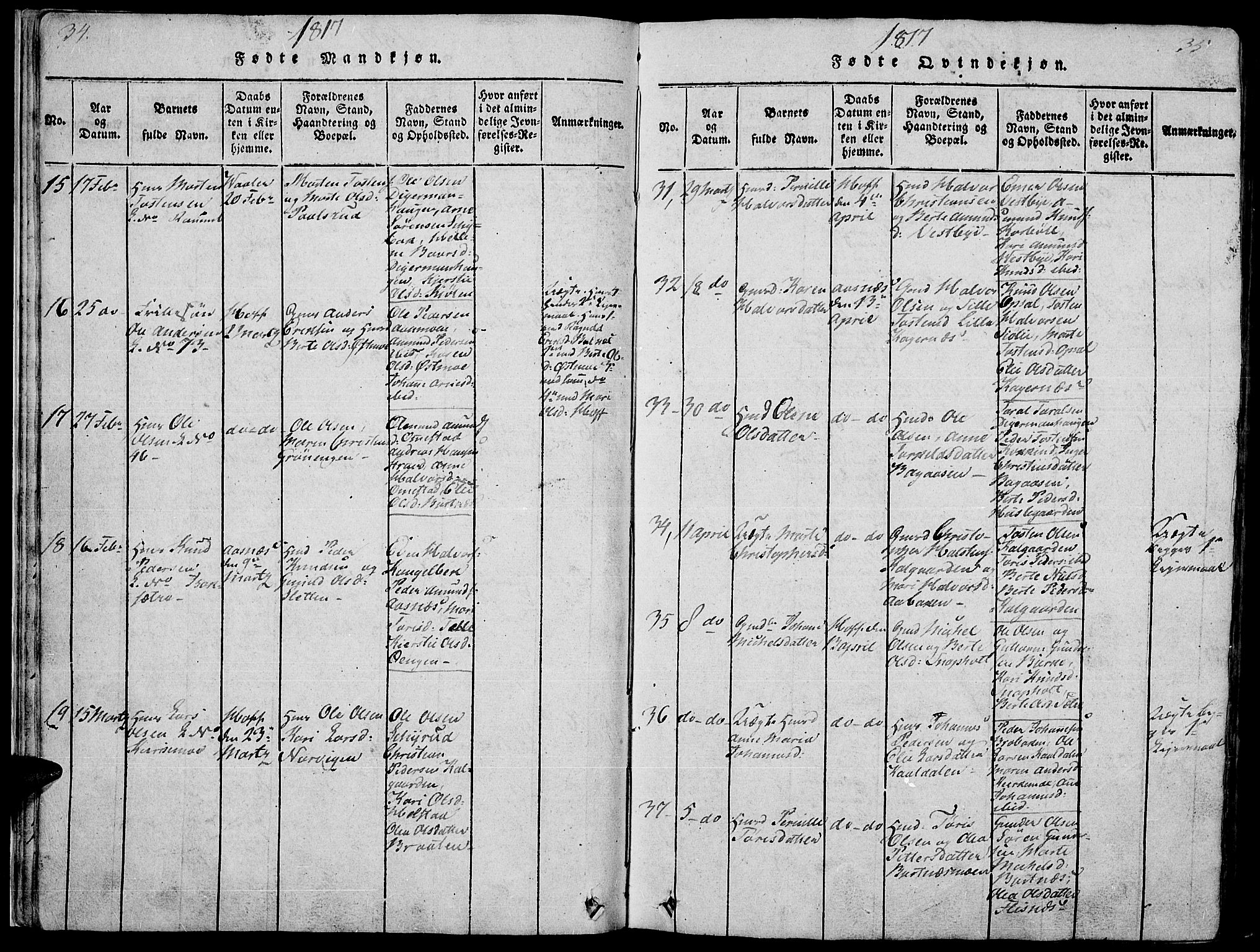 Hof prestekontor, AV/SAH-PREST-038/H/Ha/Haa/L0005: Parish register (official) no. 5, 1816-1822, p. 34-35