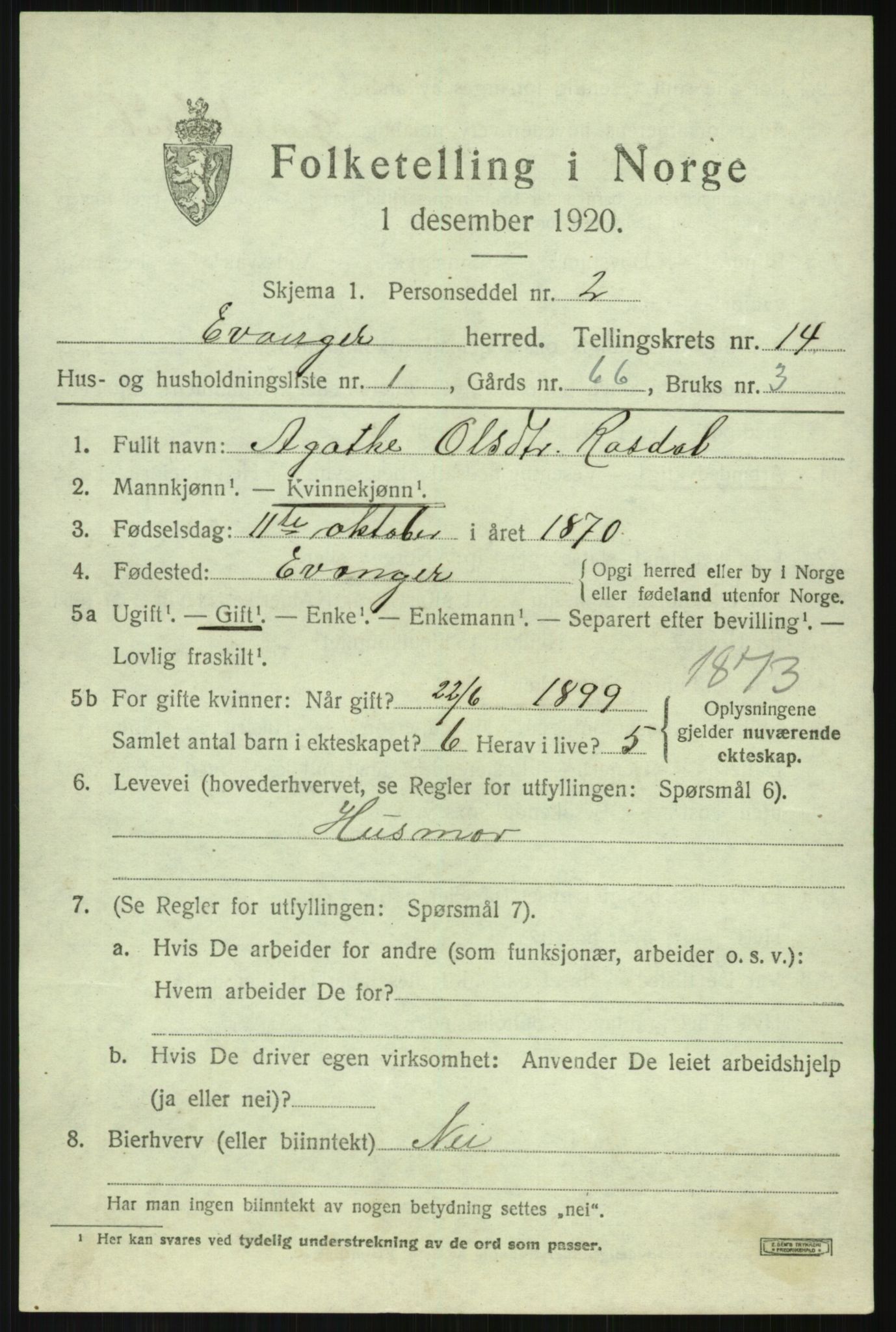 SAB, 1920 census for Evanger, 1920, p. 3971