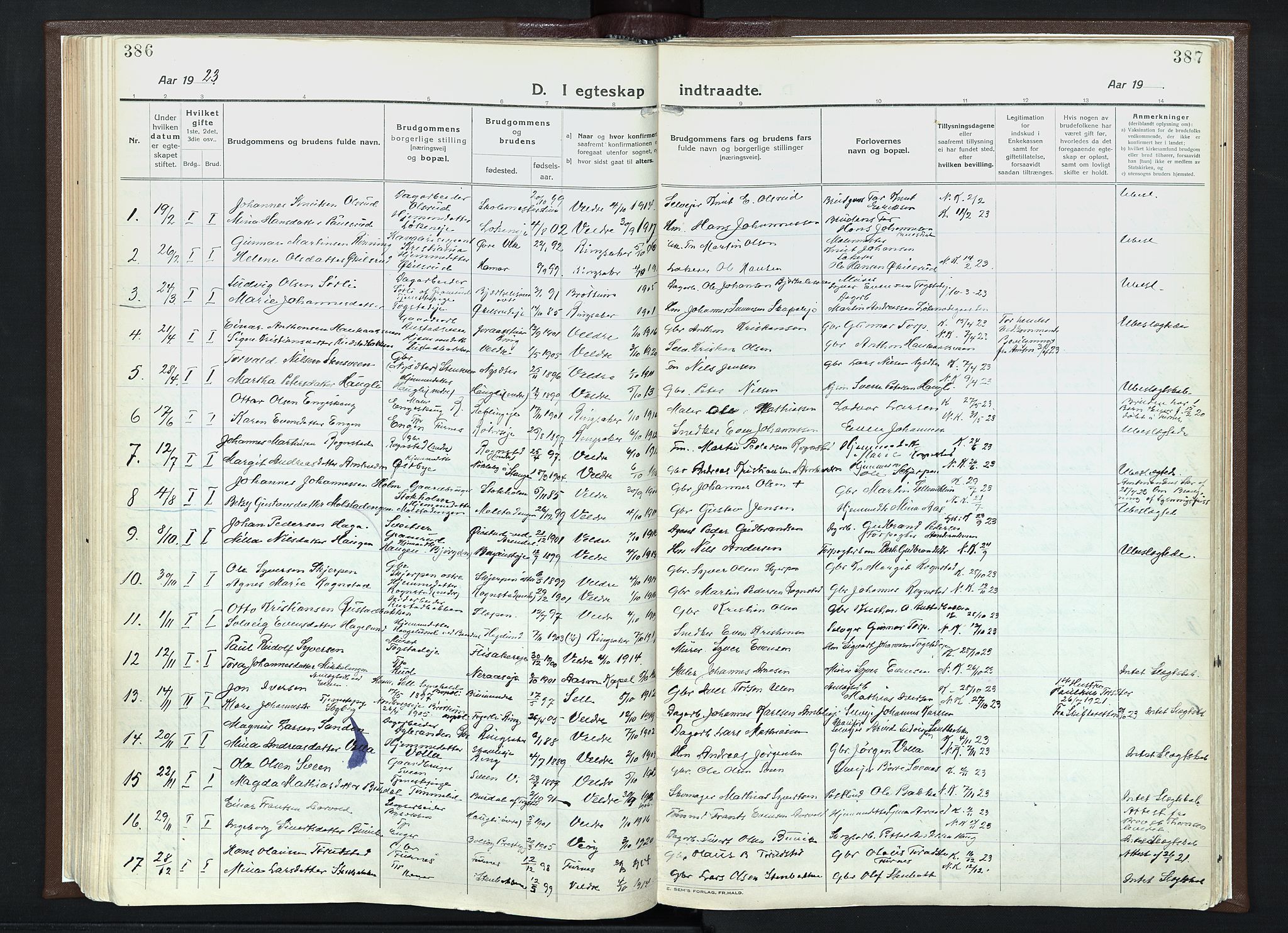 Veldre prestekontor, AV/SAH-PREST-018/K/Ka/L0001: Parish register (official) no. 1, 1921-1934, p. 386-387