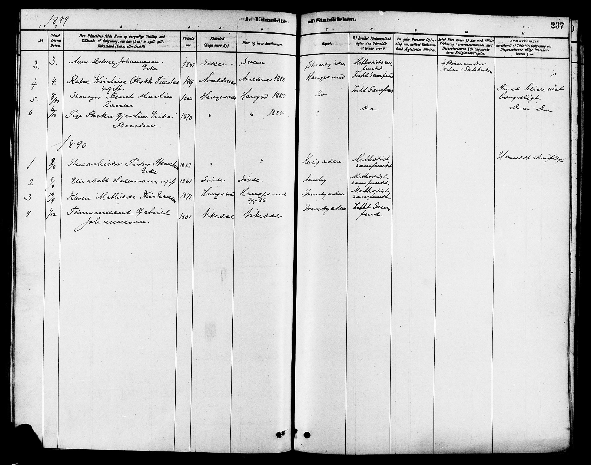 Haugesund sokneprestkontor, SAST/A -101863/H/Ha/Haa/L0003: Parish register (official) no. A 3, 1885-1890, p. 237