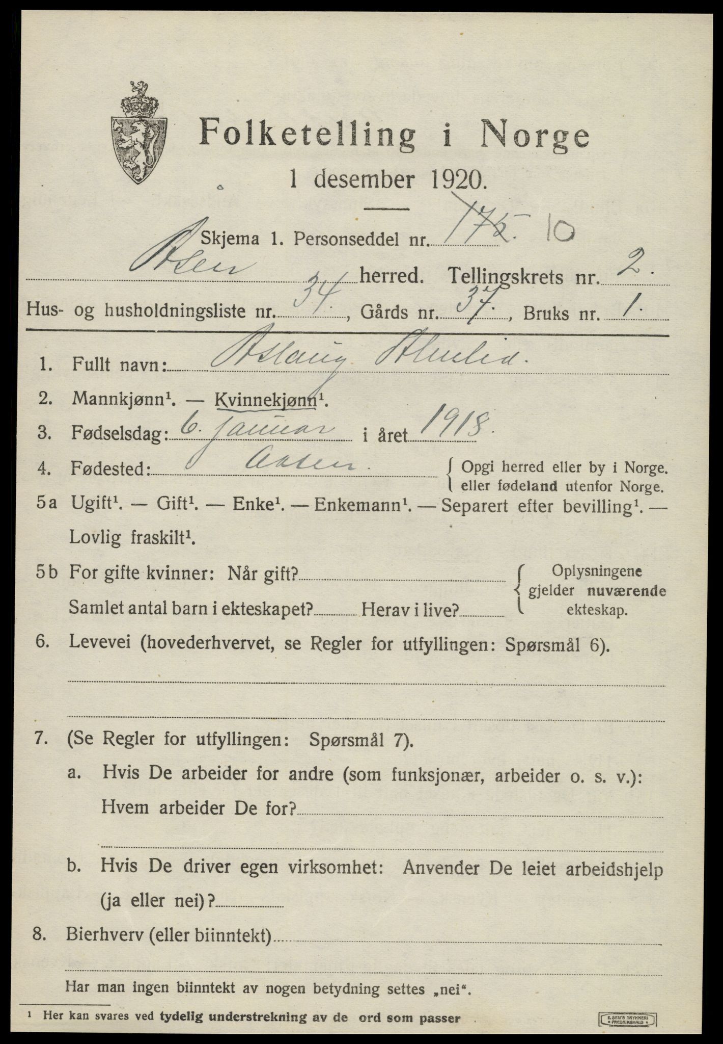 SAT, 1920 census for Åsen, 1920, p. 2056