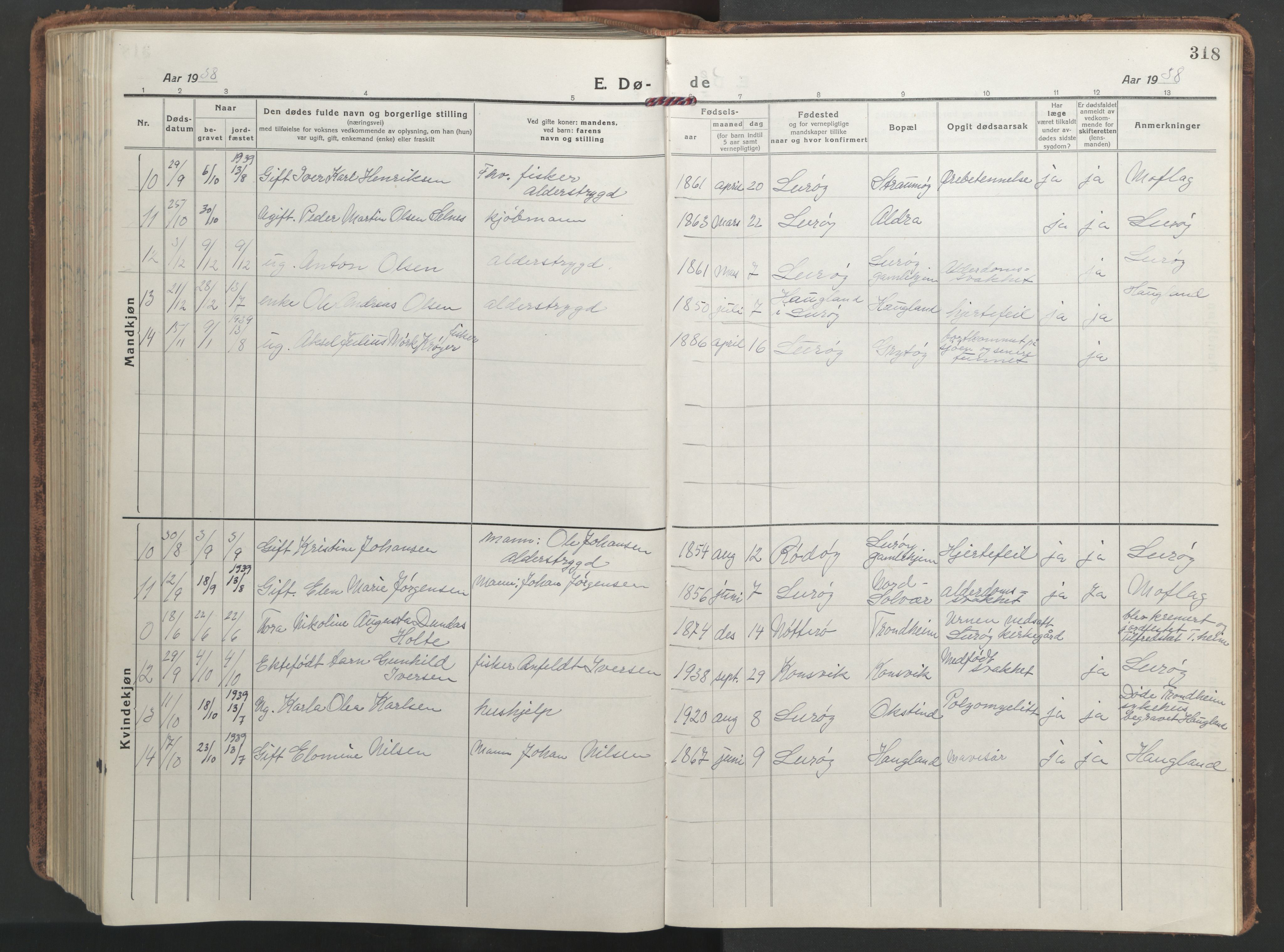 Ministerialprotokoller, klokkerbøker og fødselsregistre - Nordland, AV/SAT-A-1459/839/L0574: Parish register (copy) no. 839C04, 1918-1950, p. 318