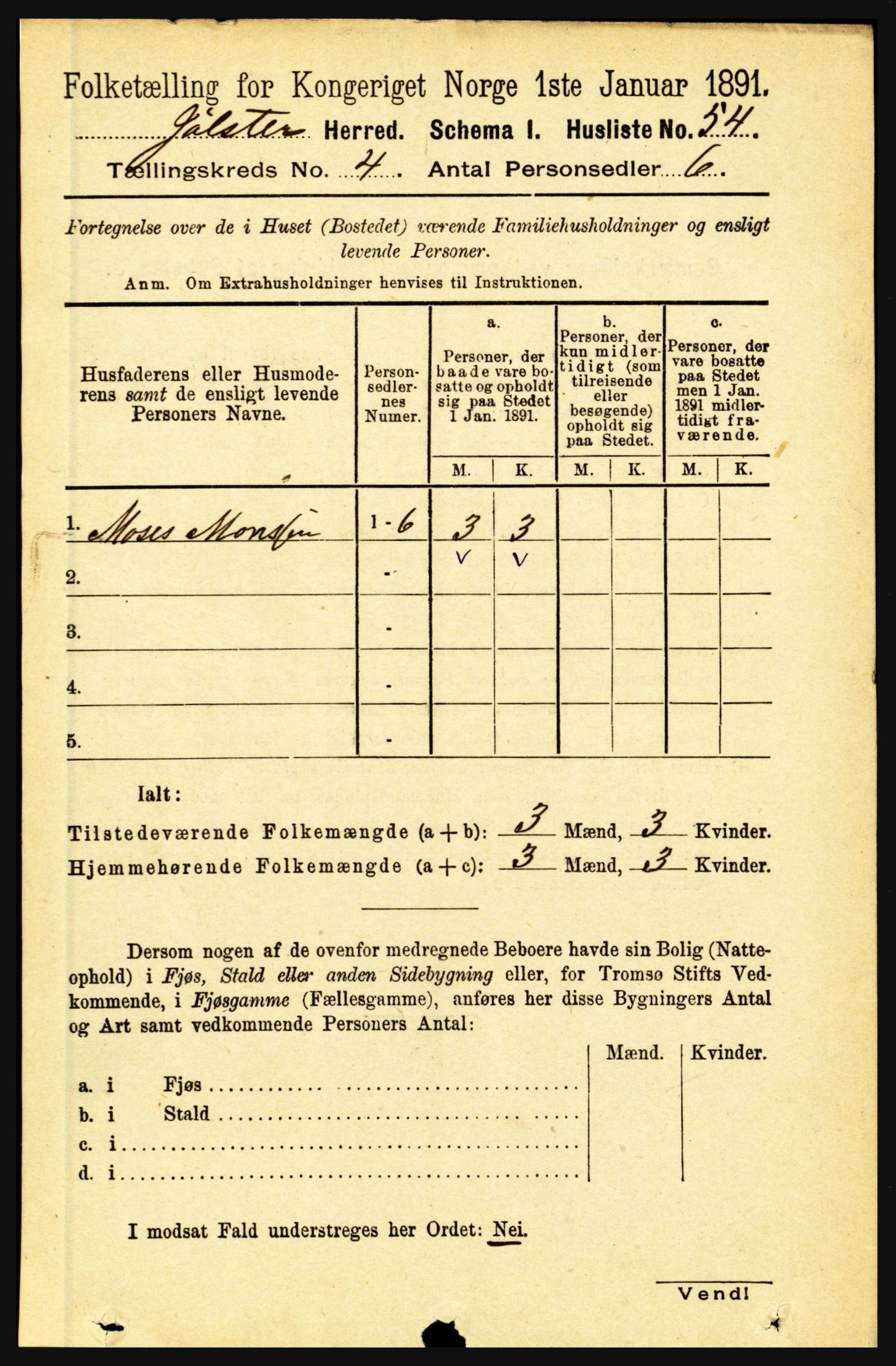 RA, 1891 census for 1431 Jølster, 1891, p. 1381