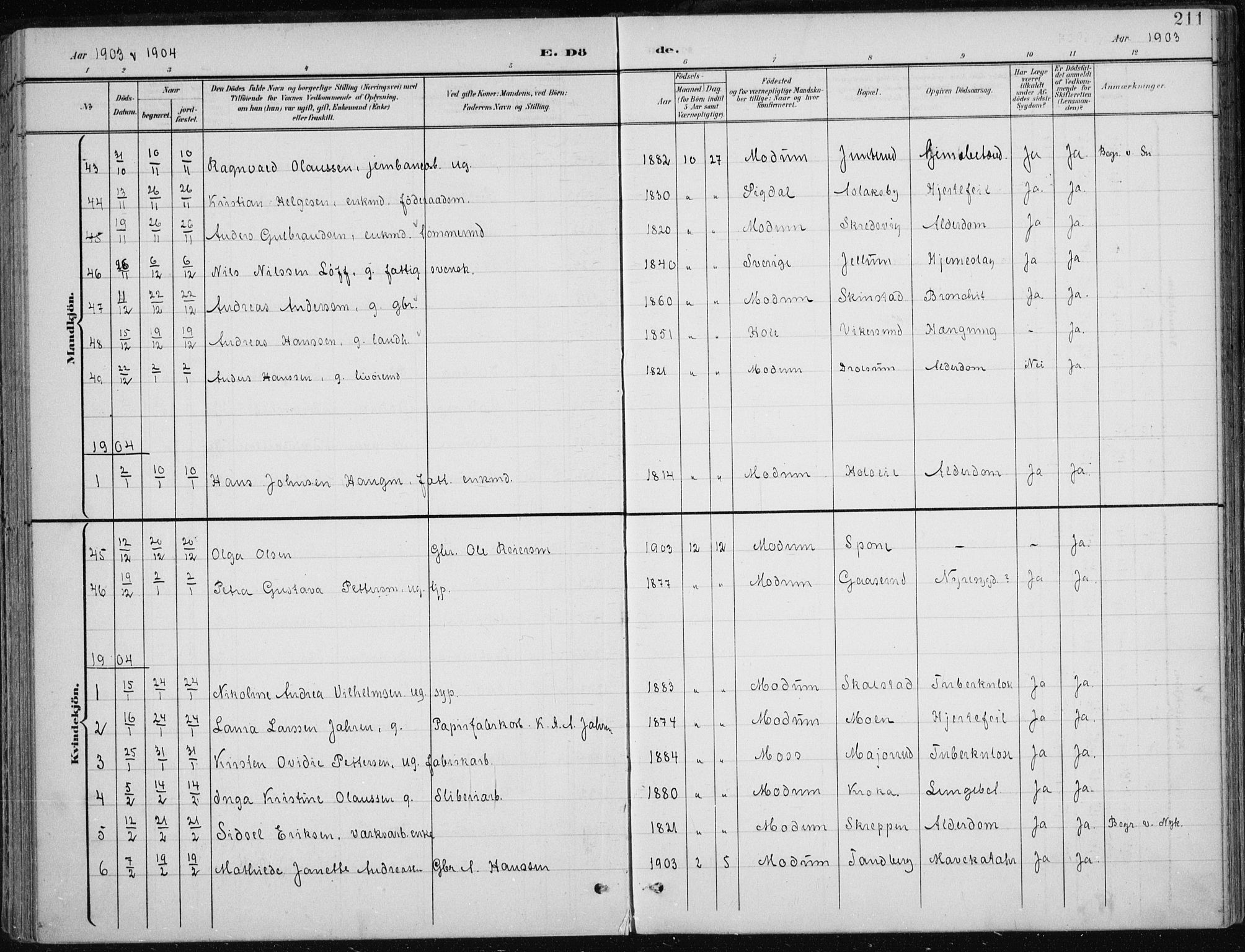 Modum kirkebøker, AV/SAKO-A-234/F/Fa/L0013: Parish register (official) no. 13, 1899-1907, p. 211