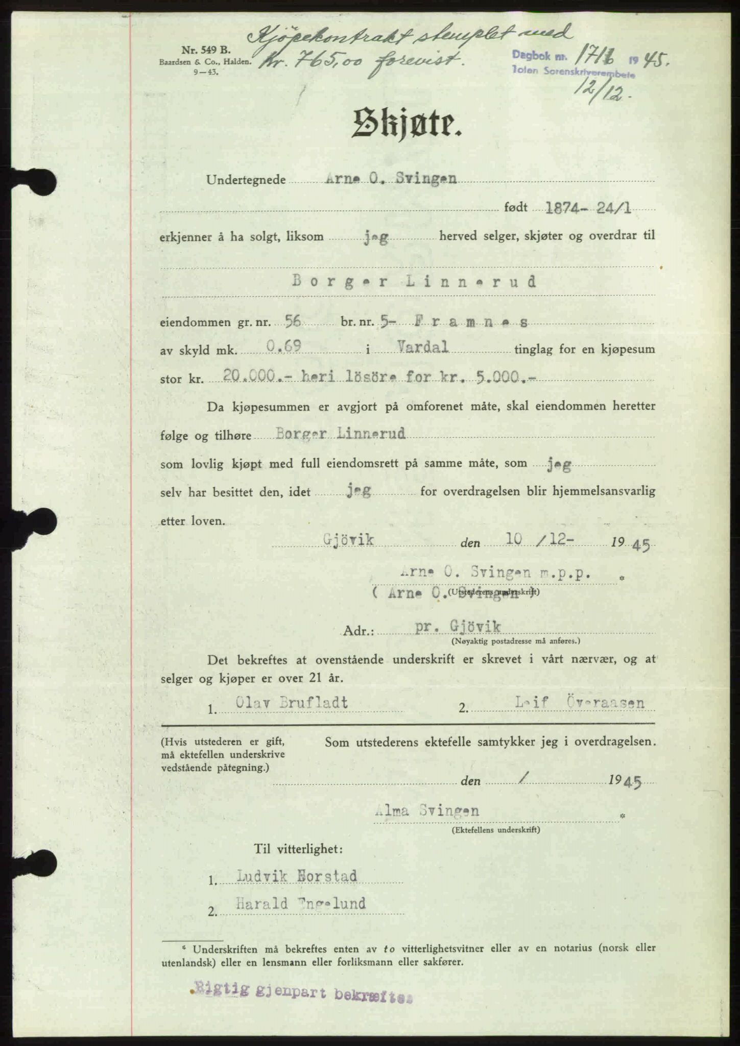 Toten tingrett, SAH/TING-006/H/Hb/Hbc/L0013: Mortgage book no. Hbc-13, 1945-1945, Diary no: : 1716/1945