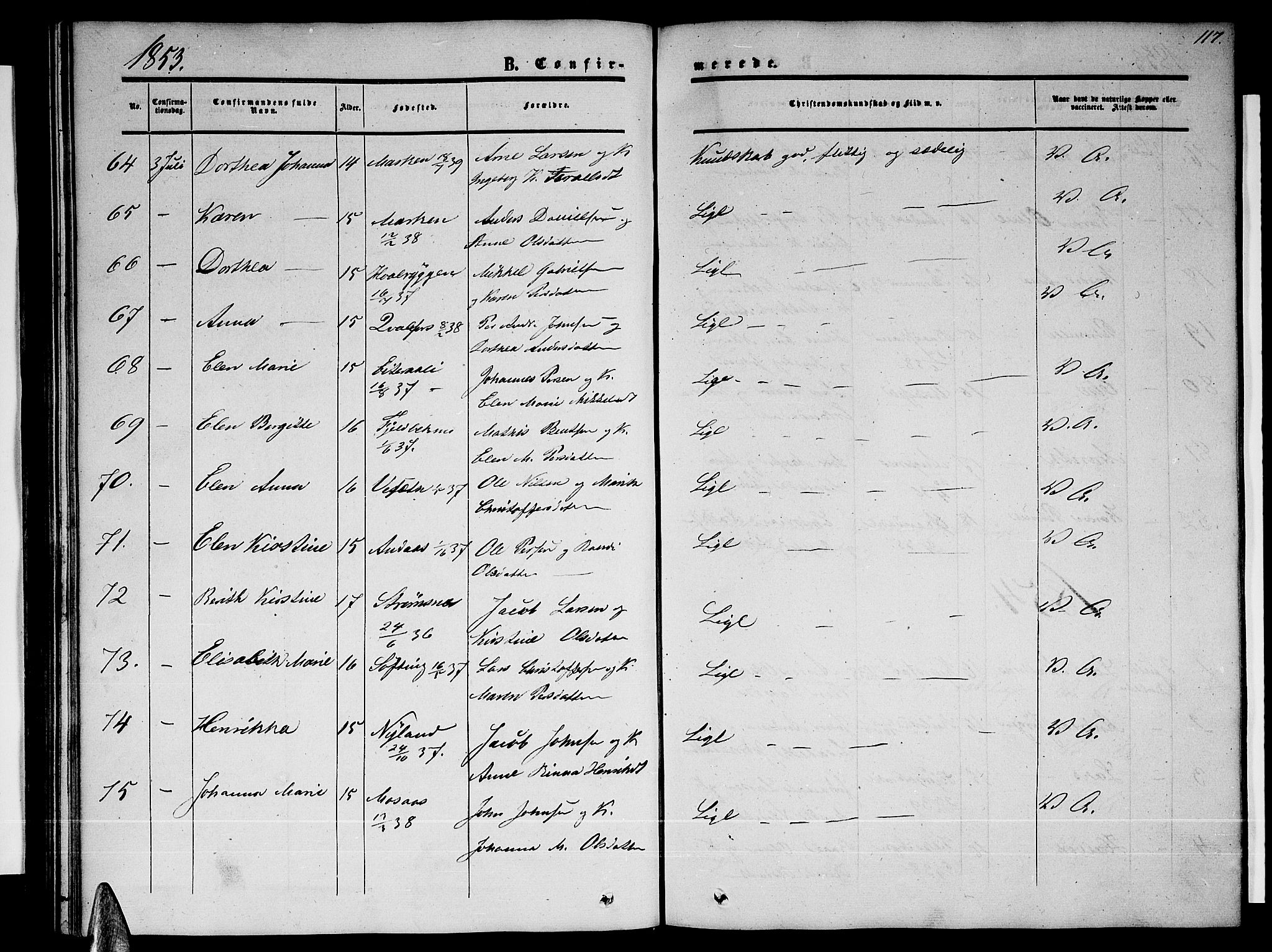 Ministerialprotokoller, klokkerbøker og fødselsregistre - Nordland, SAT/A-1459/820/L0301: Parish register (copy) no. 820C03, 1851-1858, p. 117