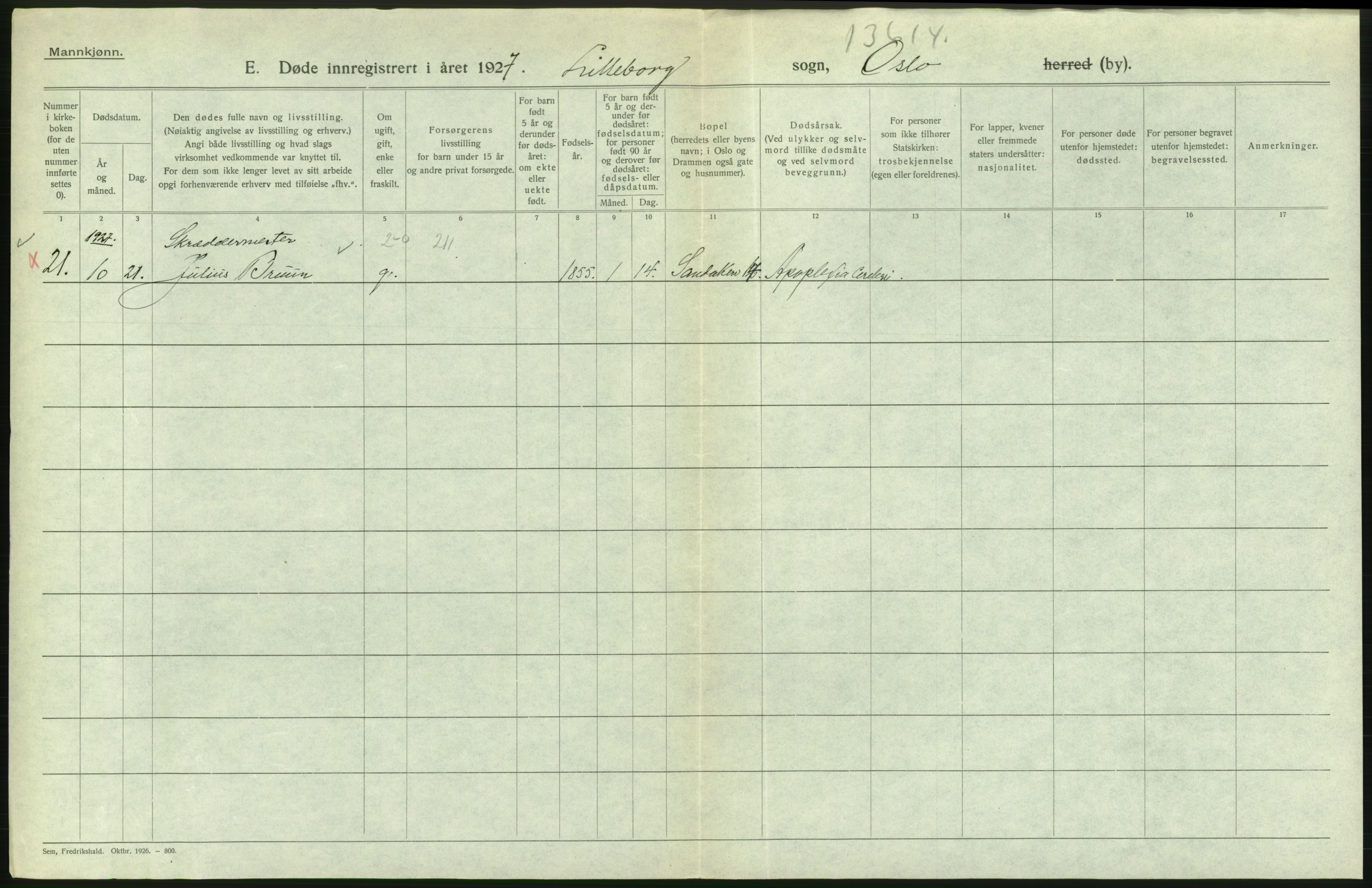 Statistisk sentralbyrå, Sosiodemografiske emner, Befolkning, RA/S-2228/D/Df/Dfc/Dfcg/L0009: Oslo: Døde menn, 1927, p. 296