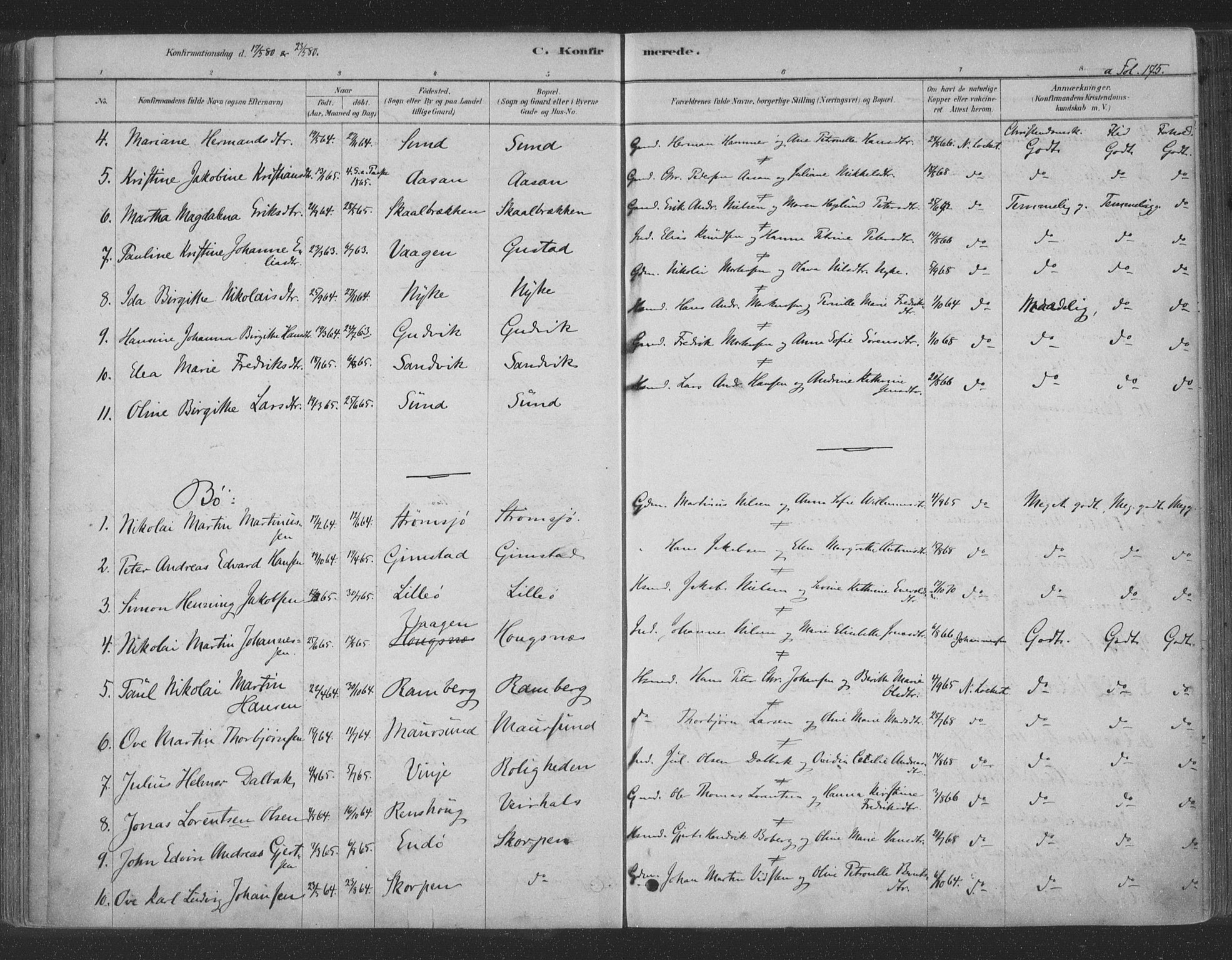 Ministerialprotokoller, klokkerbøker og fødselsregistre - Nordland, AV/SAT-A-1459/891/L1302: Parish register (official) no. 891A07, 1878-1895, p. 175