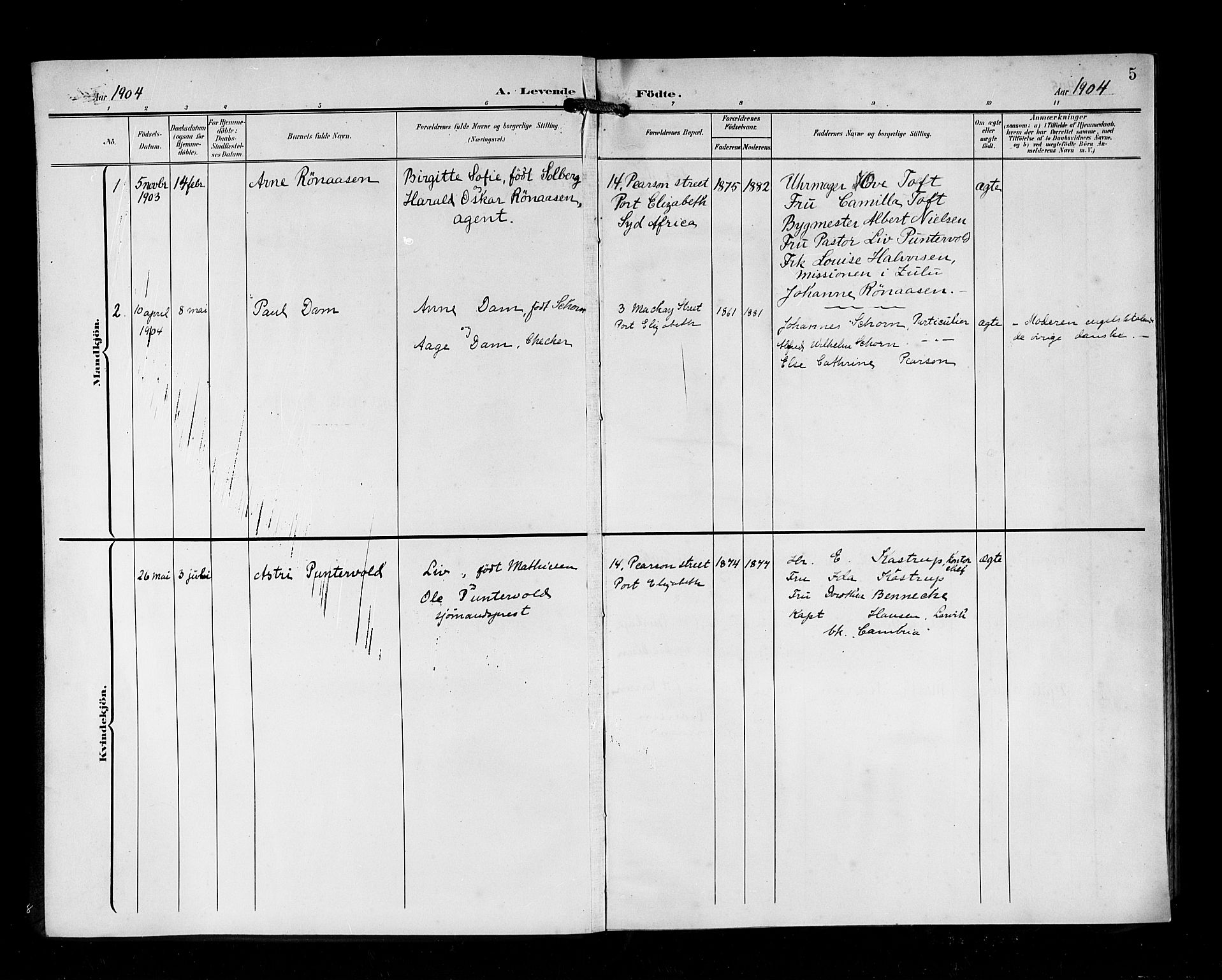 Den norske sjømannsmisjon i utlandet/Syd-Afrika(Durban-Cape Town-Port Elisabeth), SAB/SAB/PA-0119/H/Ha/Hab/L0001: Parish register (official) no. A 1, 1903-1906, p. 5