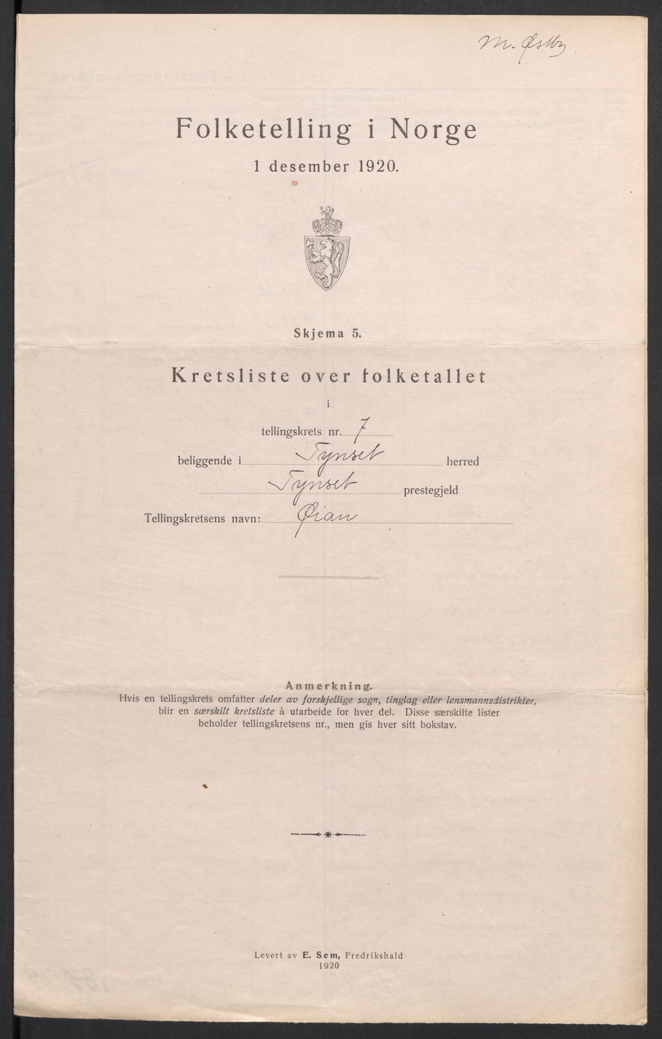 SAH, 1920 census for Tynset, 1920, p. 38