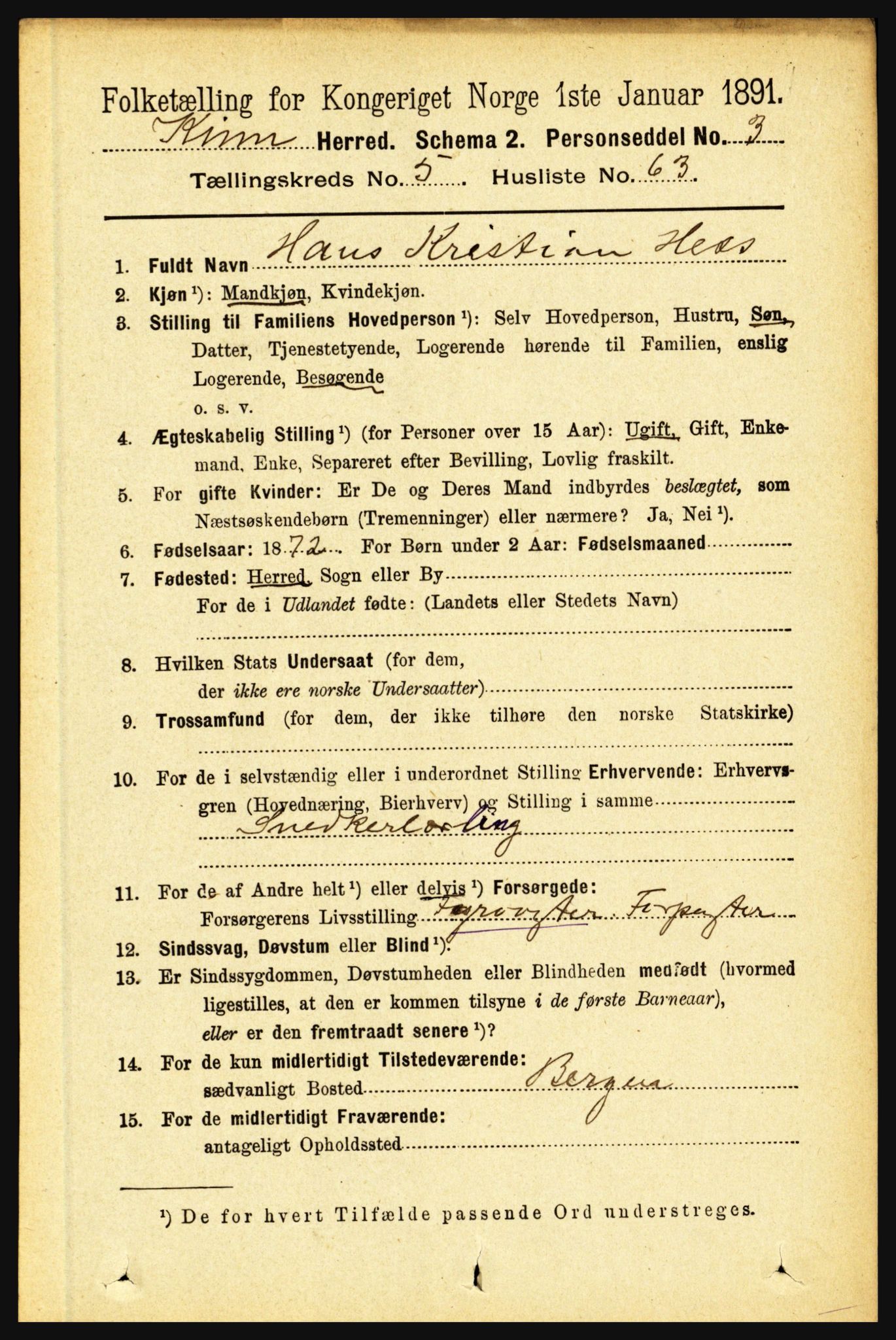 RA, 1891 census for 1437 Kinn, 1891, p. 2156