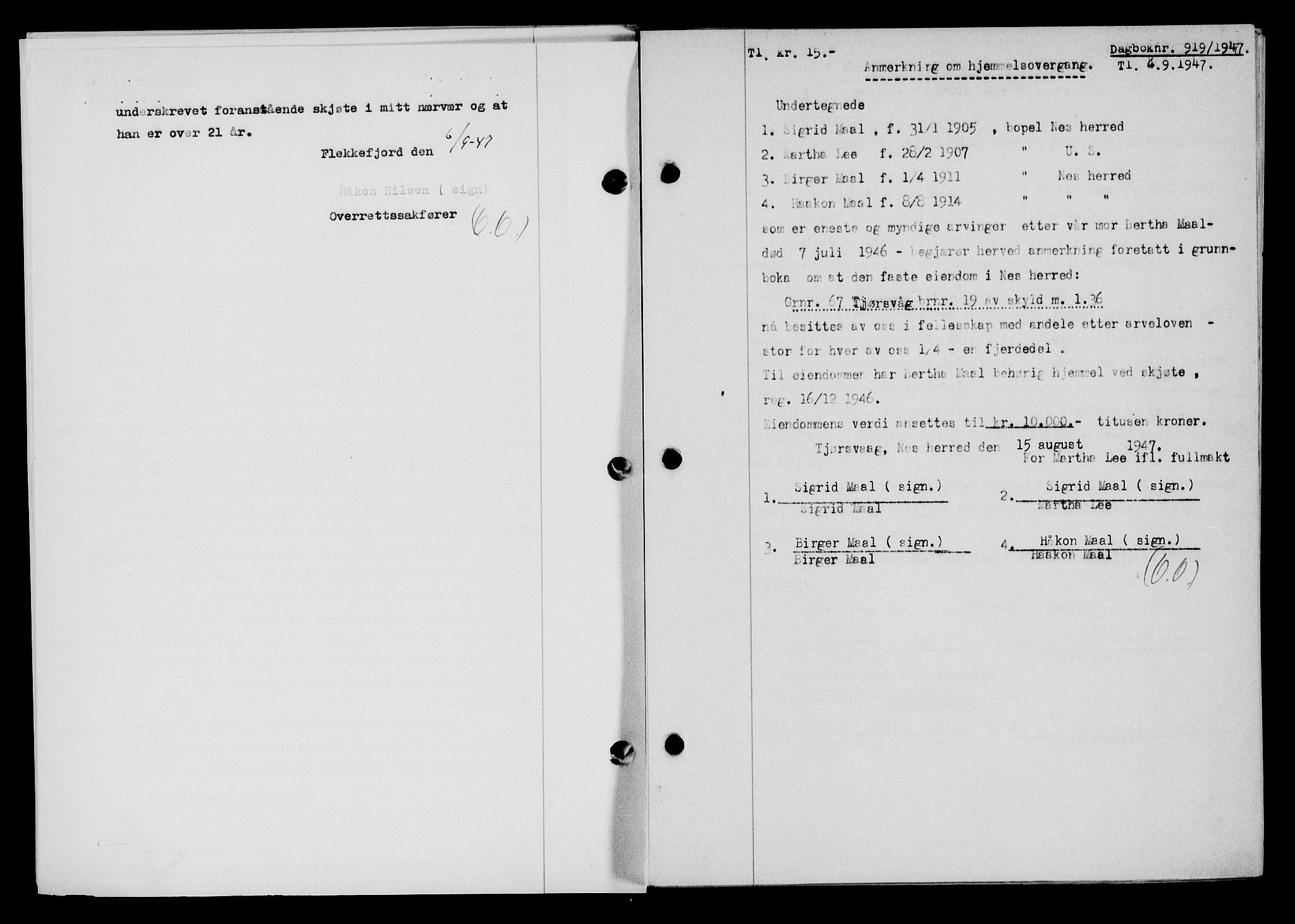 Flekkefjord sorenskriveri, SAK/1221-0001/G/Gb/Gba/L0062: Mortgage book no. A-10, 1947-1947, Diary no: : 919/1947