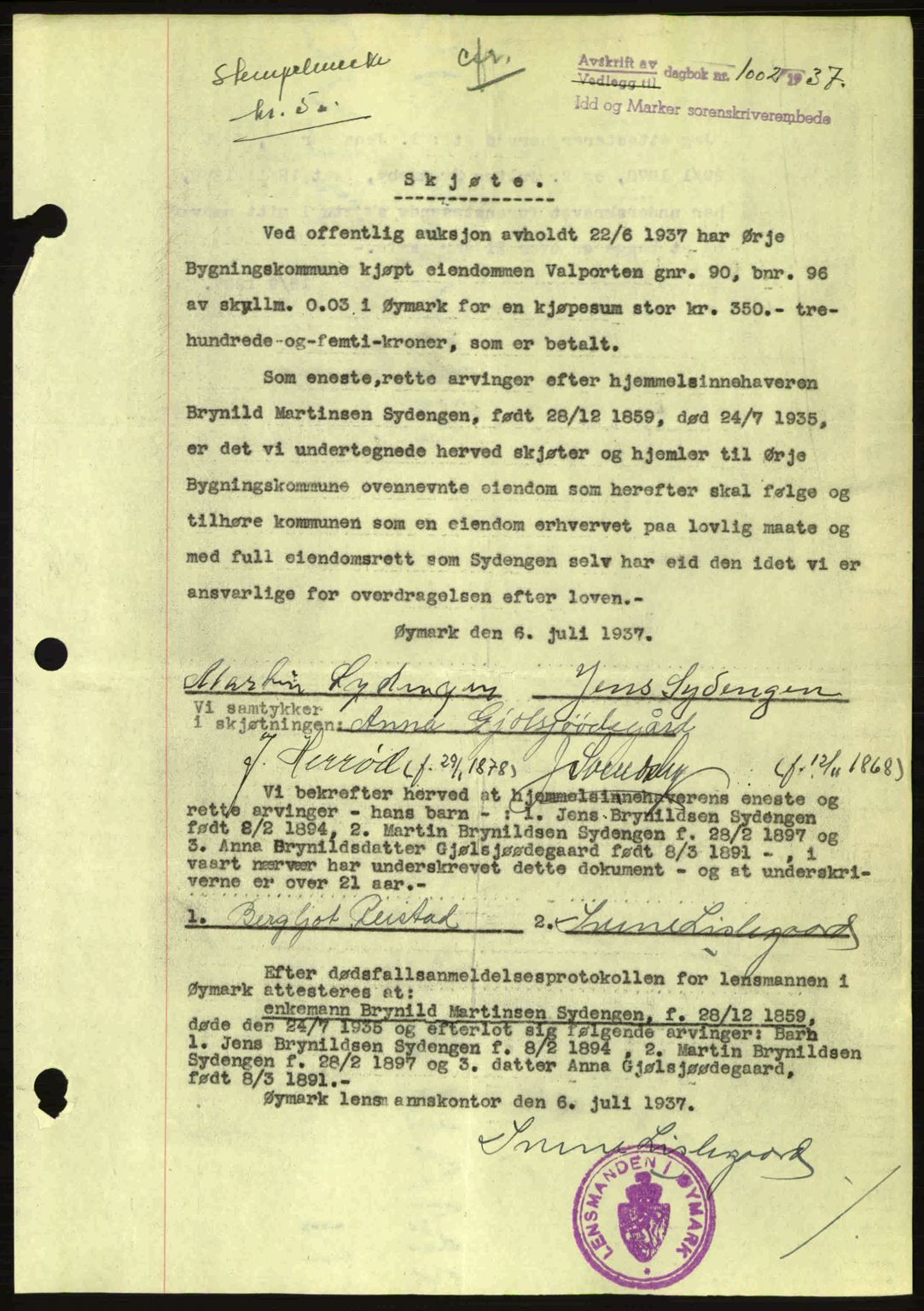 Idd og Marker sorenskriveri, AV/SAO-A-10283/G/Gb/Gbb/L0002: Mortgage book no. A2, 1937-1938, Diary no: : 1002/1937