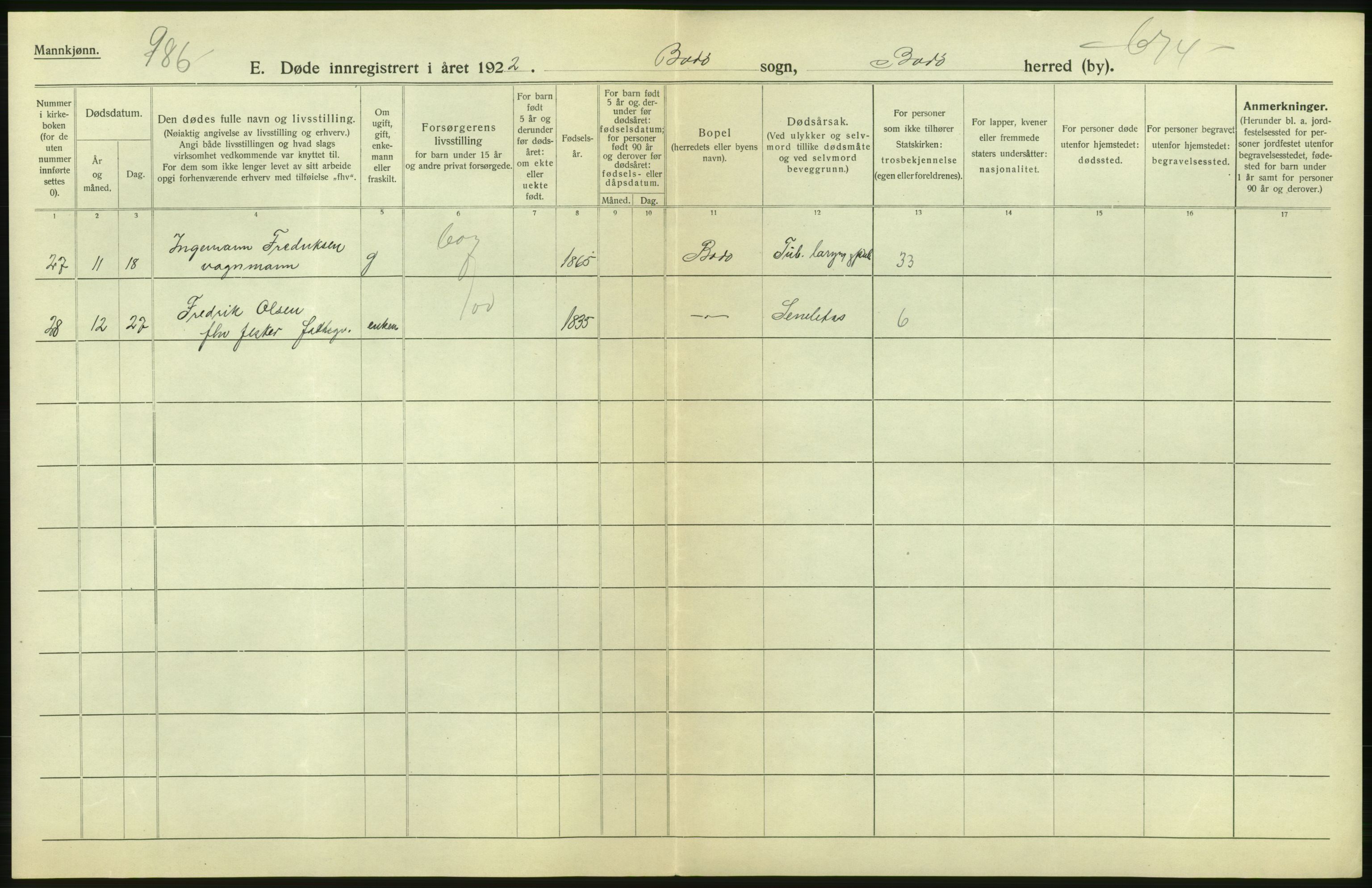 Statistisk sentralbyrå, Sosiodemografiske emner, Befolkning, RA/S-2228/D/Df/Dfc/Dfcb/L0046: Nordland fylke: Døde. Bygder og byer., 1922, p. 20