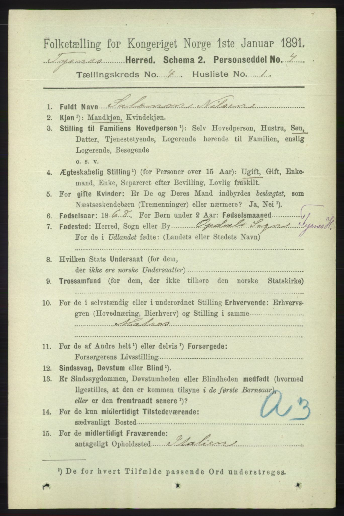 RA, 1891 census for 1223 Tysnes, 1891, p. 1535